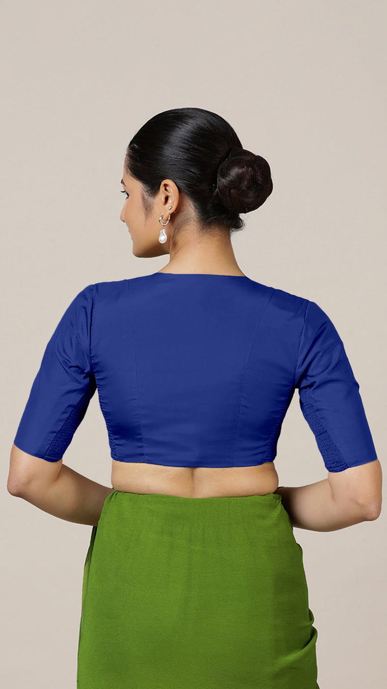 Begum x Rozaana Saree Blouse, in Blue Vegan Silk, featuring elbow sleeves and v-neckline, made for daily & work (view 2).