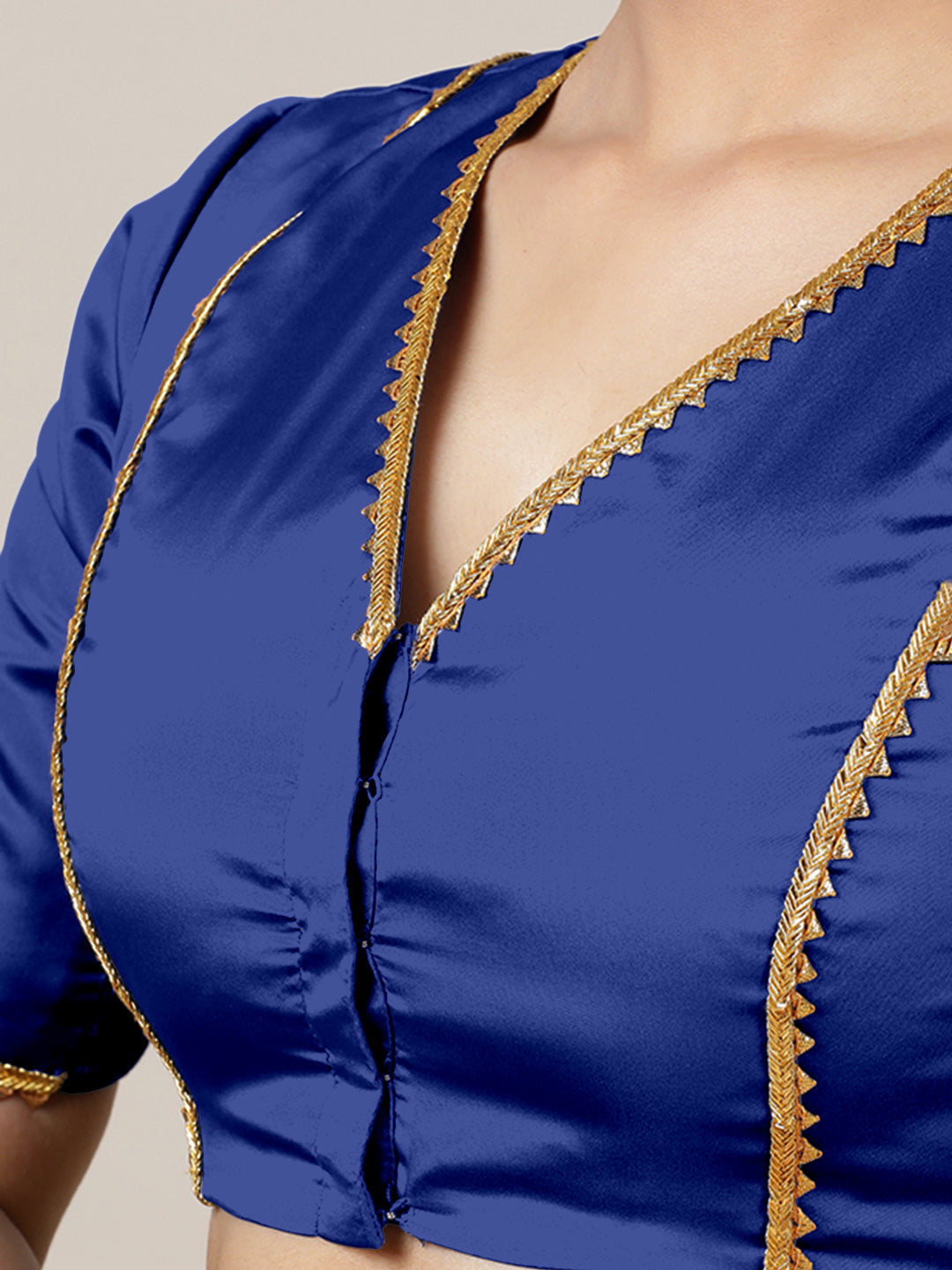 Begum x Tyohaar Saree Blouse, in Blue Vegan Silk, featuring elbow sleeves and v-neckline, made for party & festive (view 3).