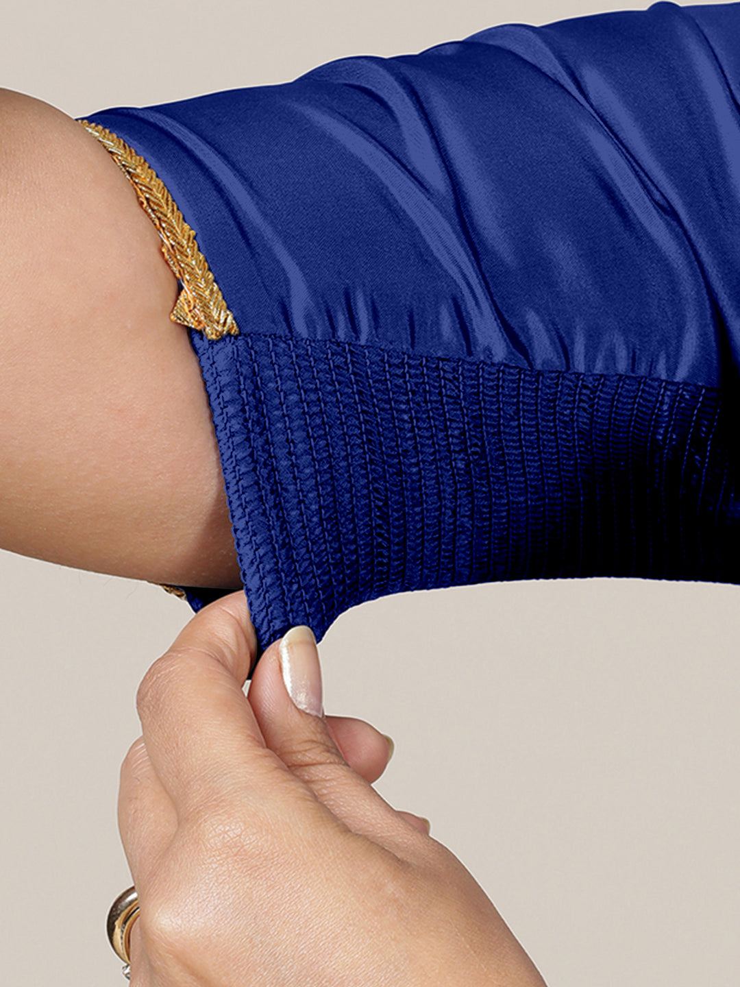 Begum x Tyohaar Saree Blouse, in Blue Vegan Silk, featuring elbow sleeves and v-neckline, made for party & festive (view 5).