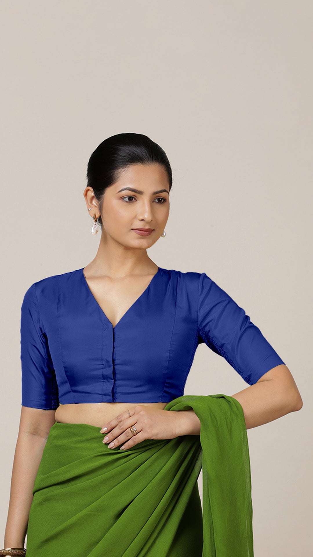 Begum x Rozaana Saree Blouse, in Blue Vegan Silk, featuring elbow sleeves and v-neckline, made for daily & work (view 5).
