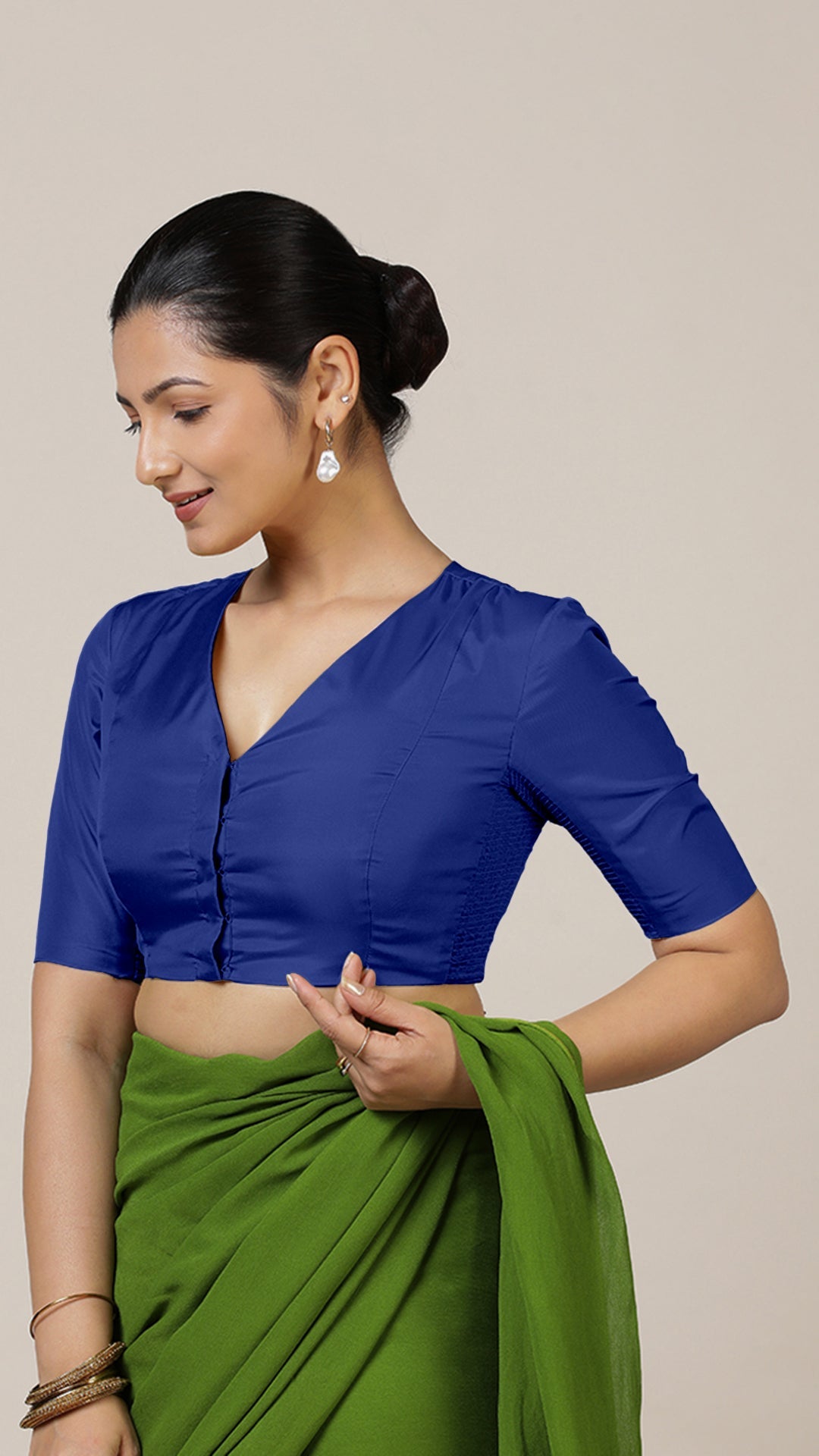 Begum x Rozaana Saree Blouse, in Blue Vegan Silk, featuring elbow sleeves and v-neckline, made for daily & work (view 6).