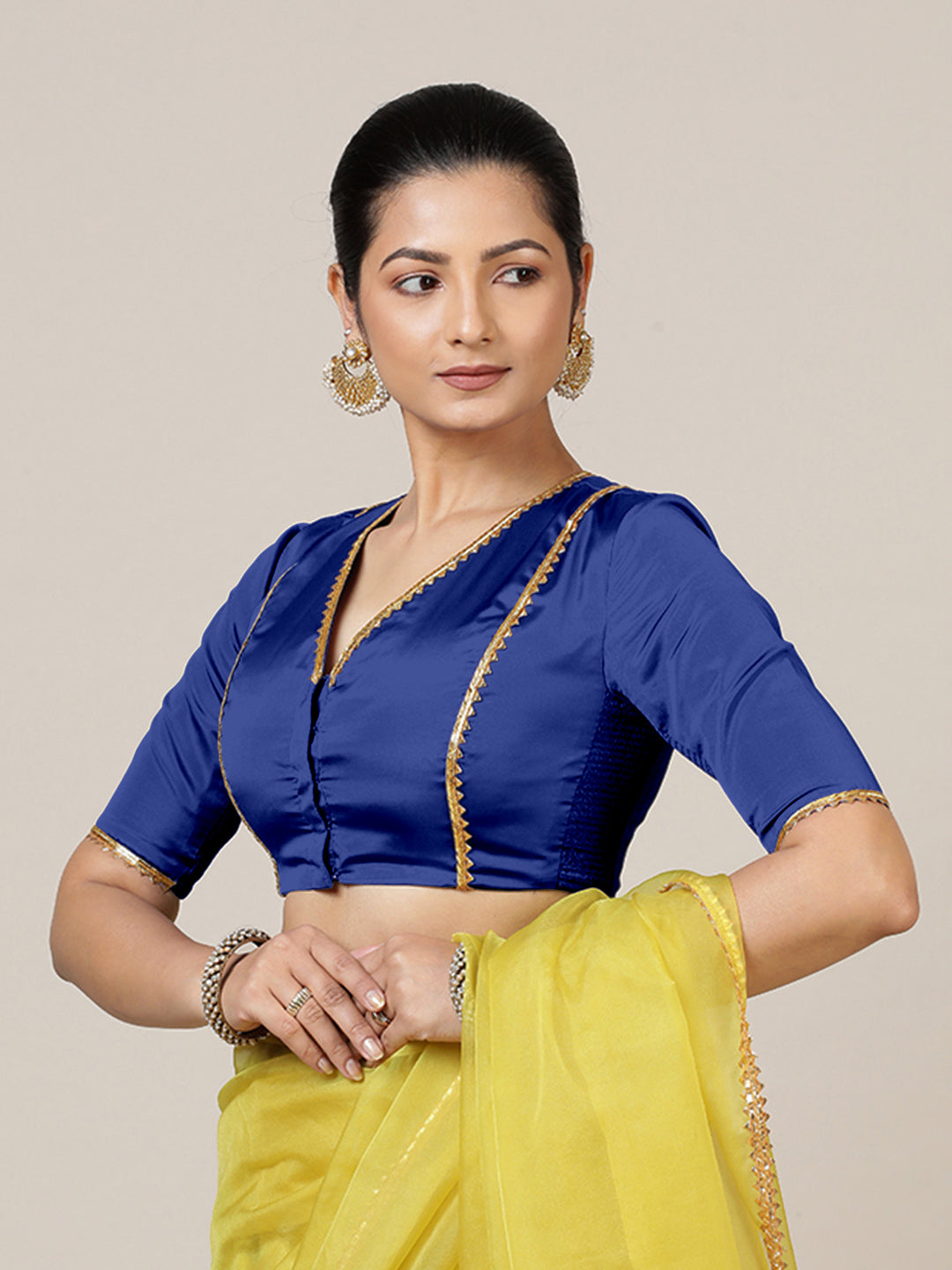 Begum x Tyohaar Saree Blouse, in Blue Vegan Silk, featuring elbow sleeves and v-neckline, made for party & festive (view 7).