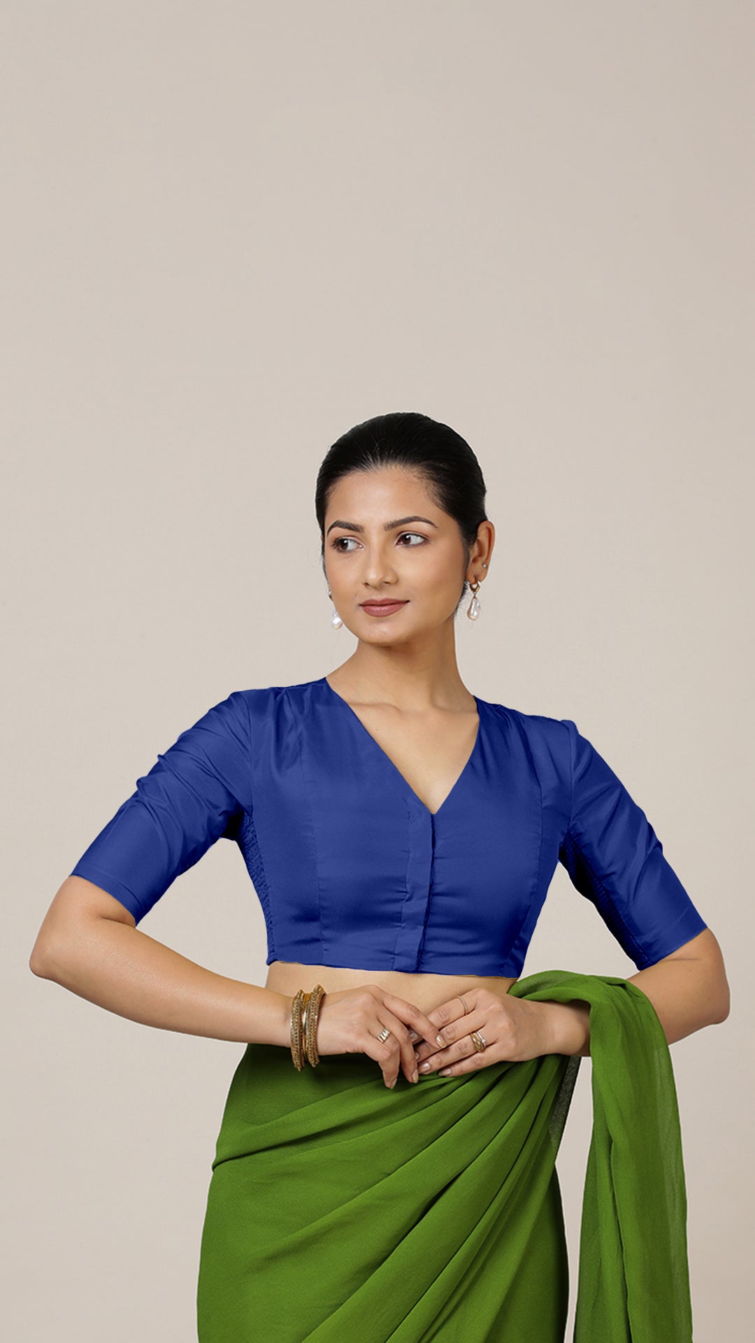Begum x Rozaana Saree Blouse, in Blue Vegan Silk, featuring elbow sleeves and v-neckline, made for daily & work (view 7).