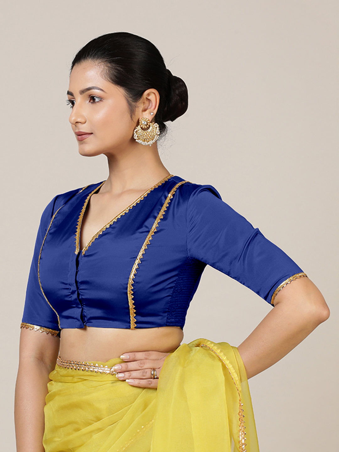 Begum x Tyohaar Saree Blouse, in Blue Vegan Silk, featuring elbow sleeves and v-neckline, made for party & festive (view 8).