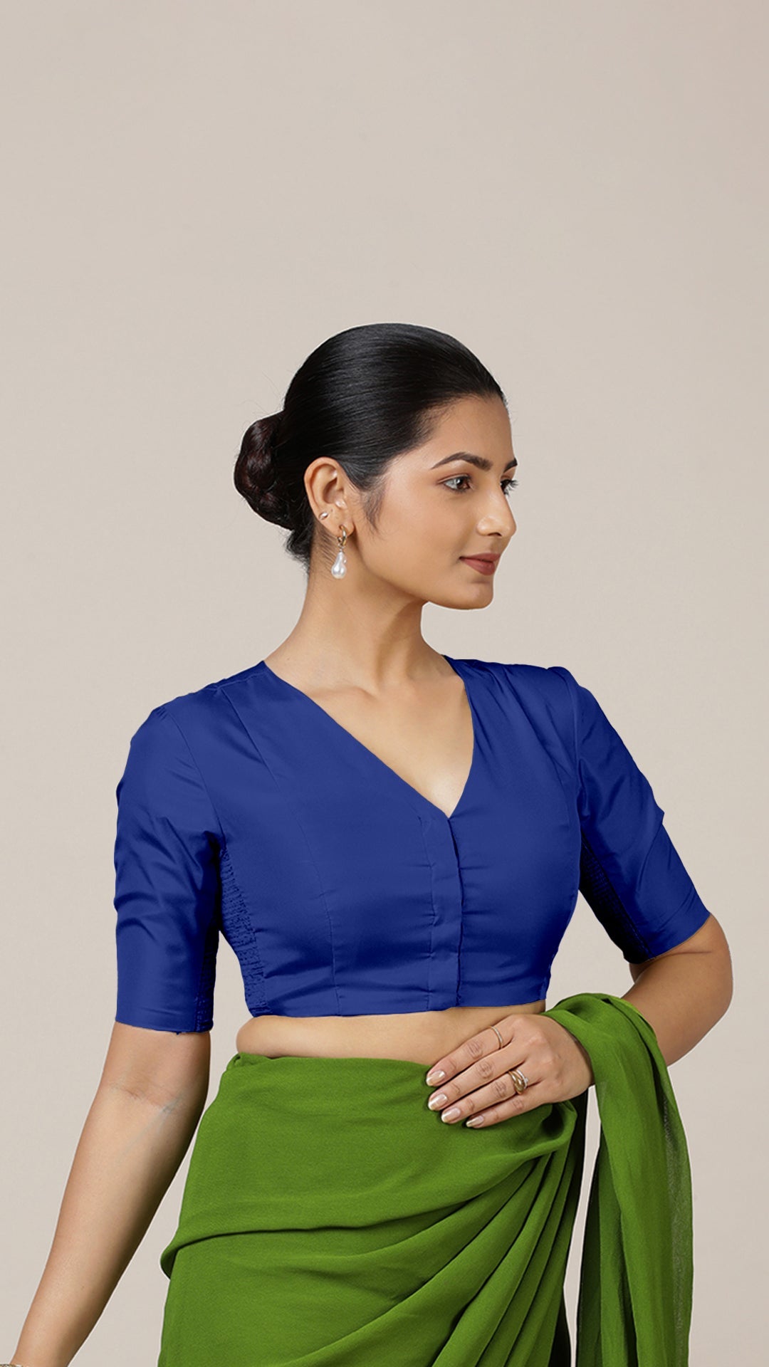 Begum x Rozaana Saree Blouse, in Blue Vegan Silk, featuring elbow sleeves and v-neckline, made for daily & work (view 8).