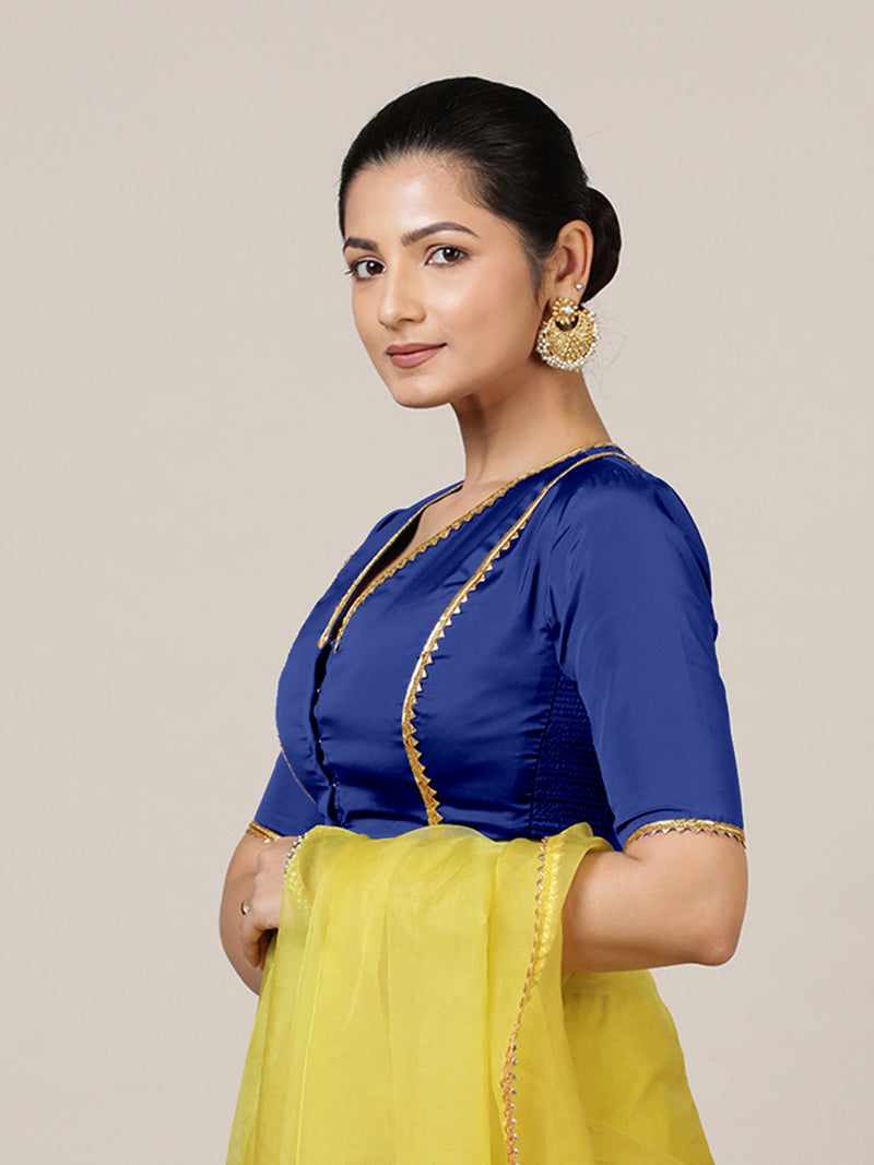 Begum x Tyohaar | Elbow Sleeves Saree Blouse in Cobalt Blue-Binks