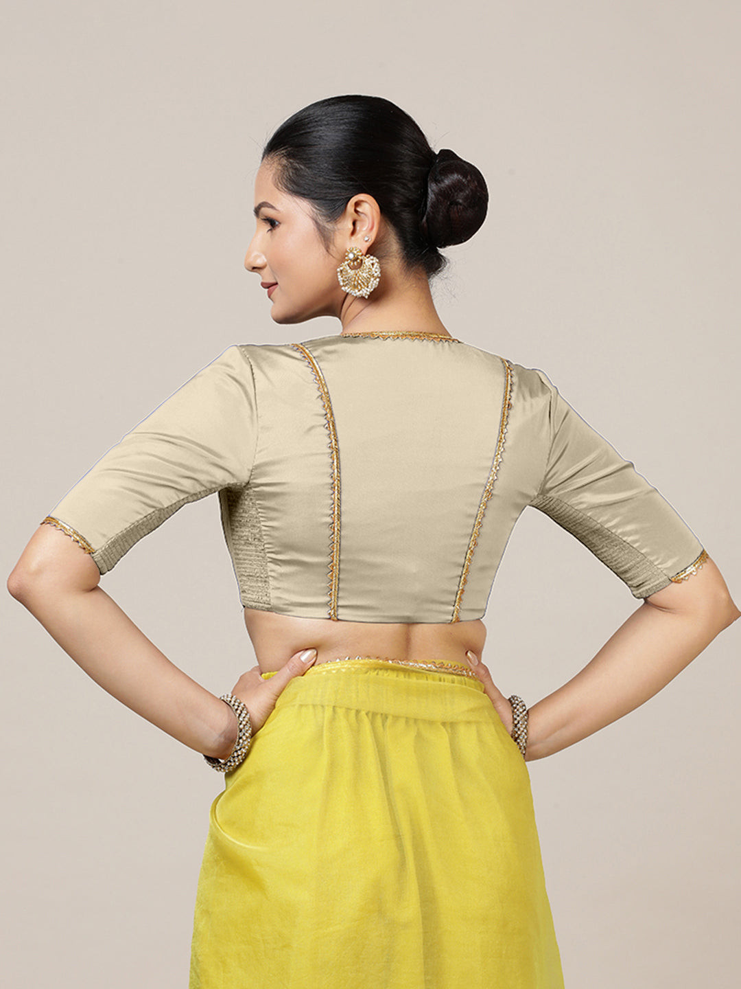 Begum x Tyohaar Saree Blouse, in Cream Vegan Silk, featuring elbow sleeves and v-neckline, made for party & festive (view 2).