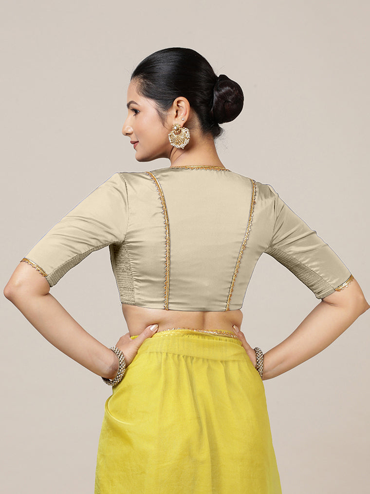 Begum x Tyohaar Saree Blouse, in Cream Vegan Silk, featuring elbow sleeves and v-neckline, made for party & festive (view 2).