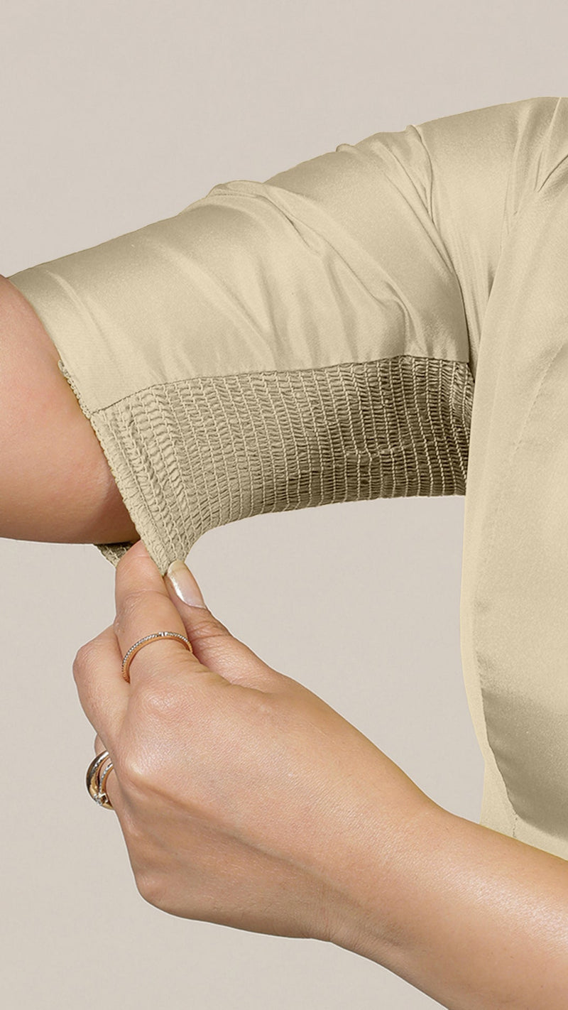 Begum x Rozaana | Elbow Sleeves Saree Blouse in Cream-Binks