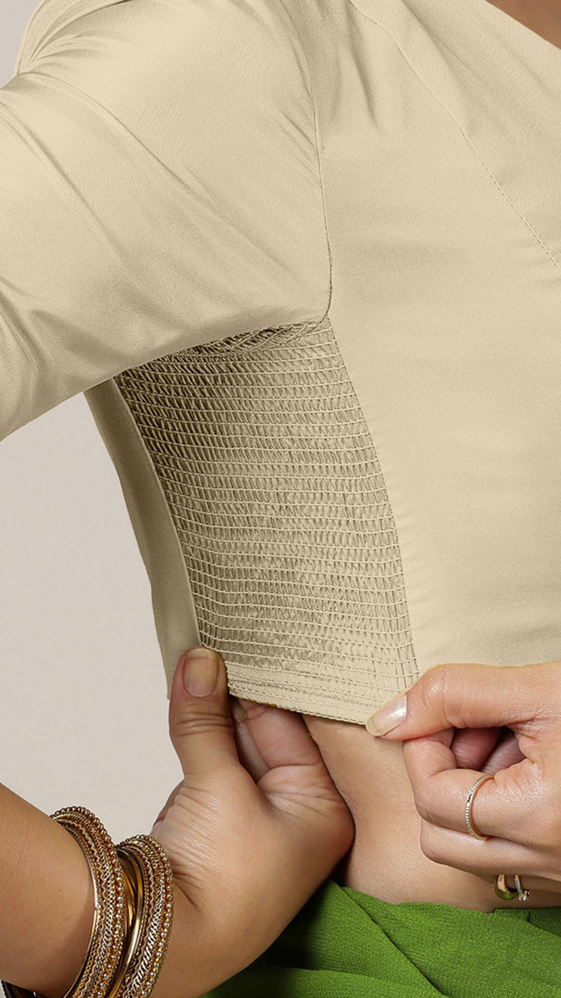 Begum x Rozaana | Elbow Sleeves Saree Blouse in Cream-Binks