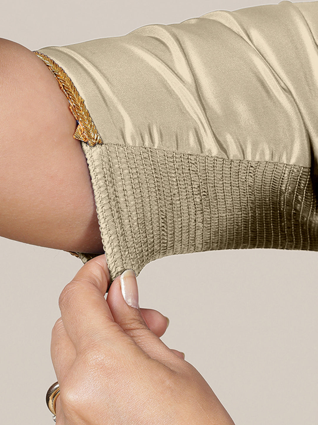 Begum x Tyohaar Saree Blouse, in Cream Vegan Silk, featuring elbow sleeves and v-neckline, made for party & festive (view 5).