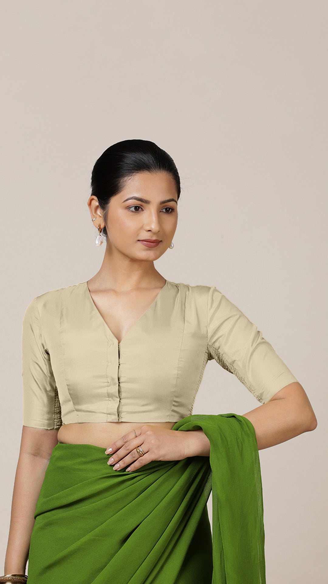 Begum x Rozaana Saree Blouse, in Cream Vegan Silk, featuring elbow sleeves and v-neckline, made for daily & work (view 6).