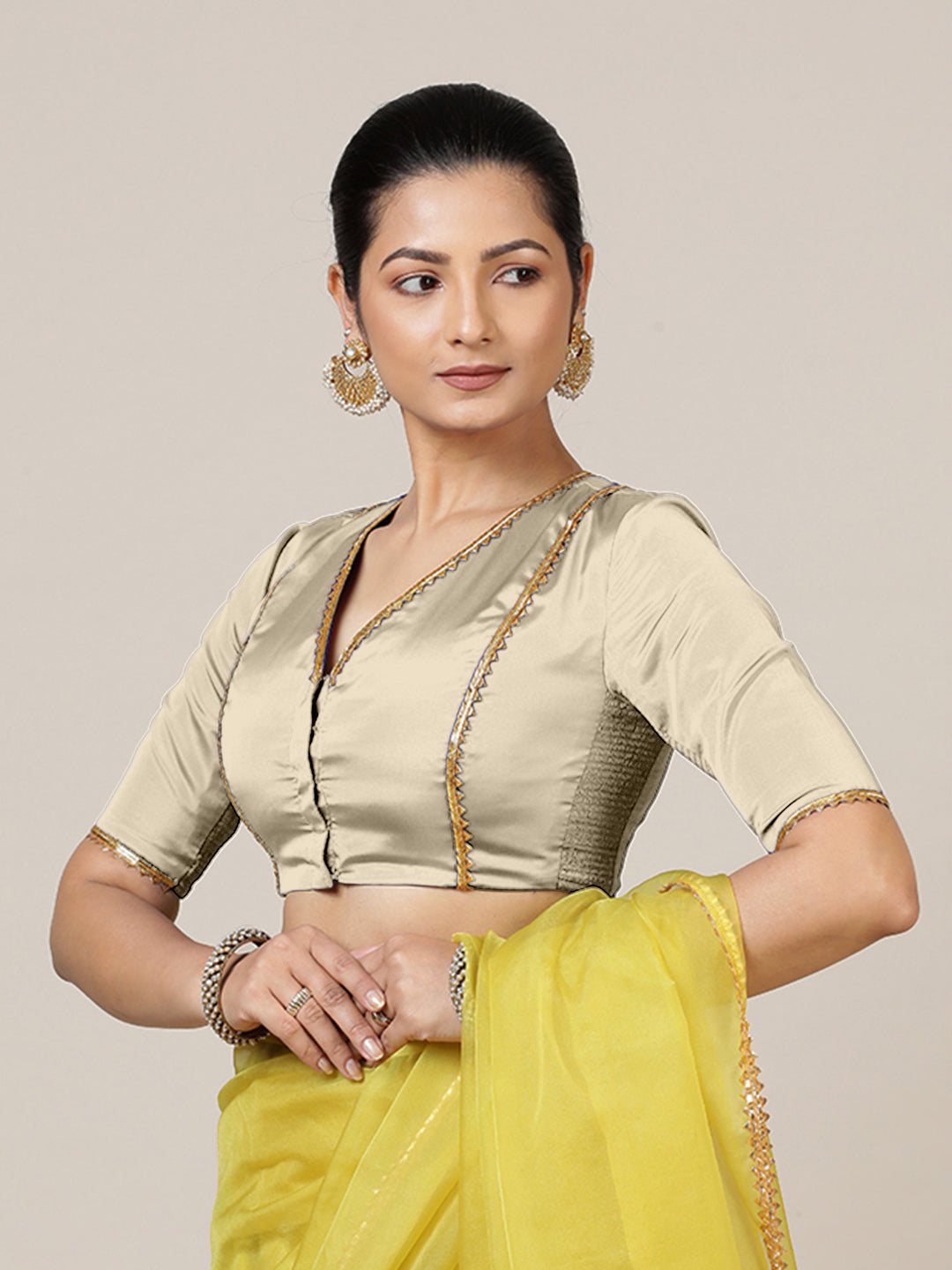 Begum x Tyohaar Saree Blouse, in Cream Vegan Silk, featuring elbow sleeves and v-neckline, made for party & festive (view 6).