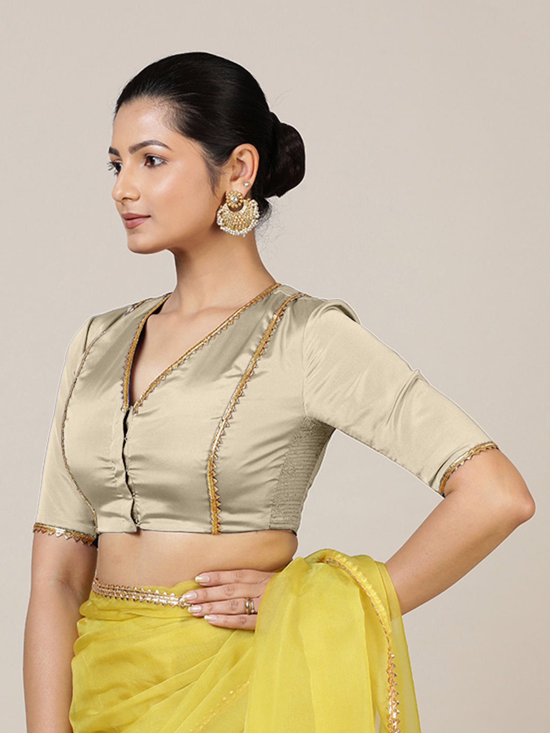 Begum x Tyohaar Saree Blouse, in Cream Vegan Silk, featuring elbow sleeves and v-neckline, made for party & festive (view 7).