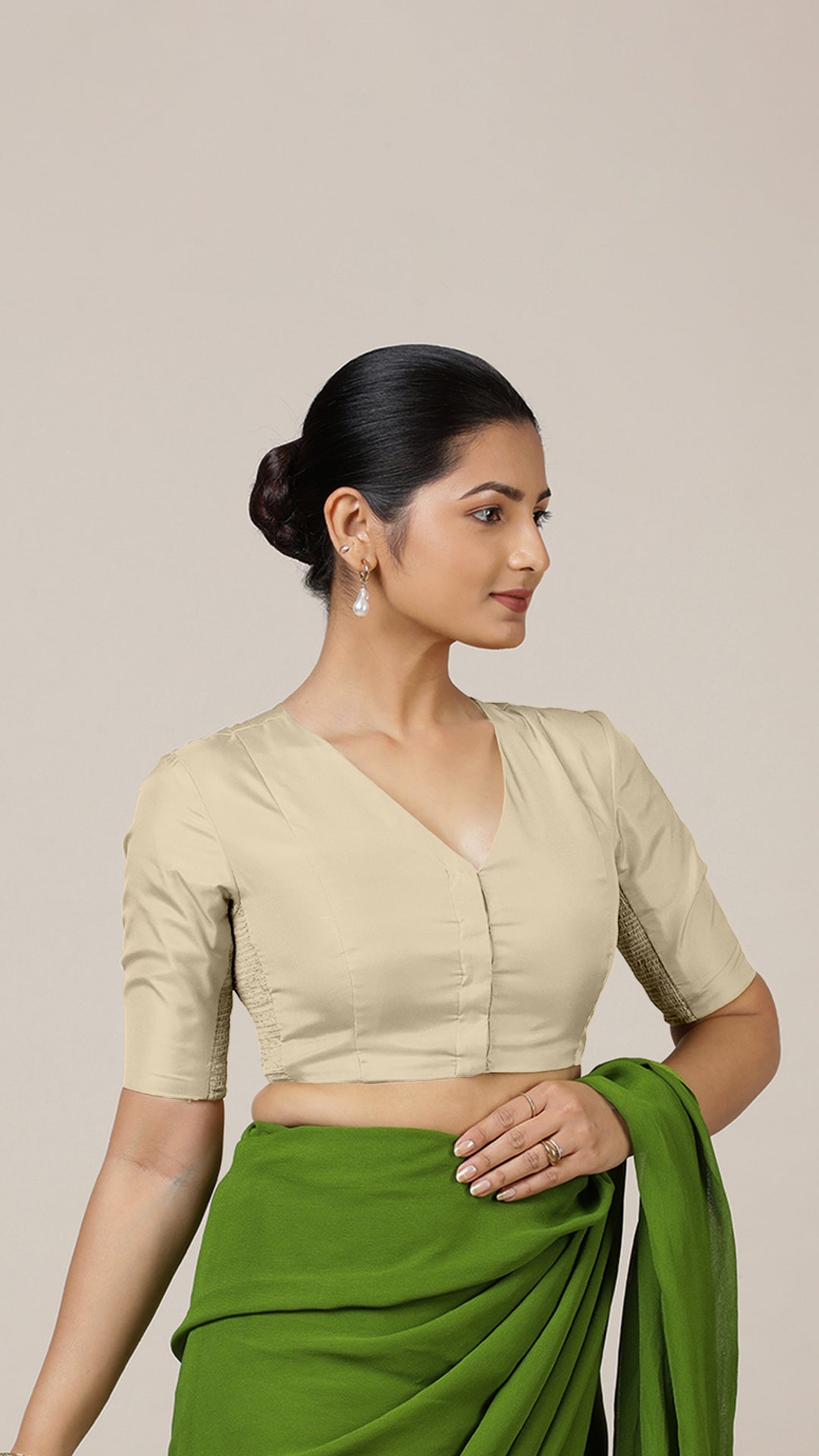 Begum x Rozaana Saree Blouse, in Cream Vegan Silk, featuring elbow sleeves and v-neckline, made for daily & work (view 8).