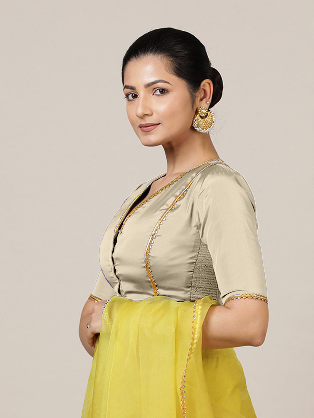 Begum x Tyohaar Saree Blouse, in Cream Vegan Silk, featuring elbow sleeves and v-neckline, made for party & festive (view 8).