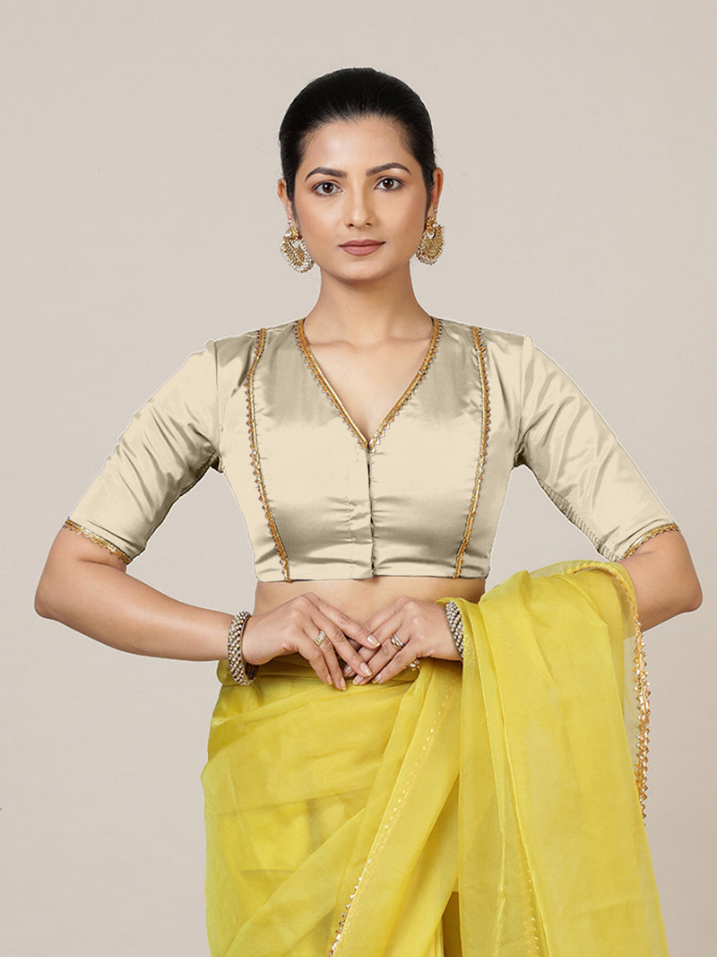 Begum x Tyohaar | Elbow Sleeves Saree Blouse in Cream-Binks