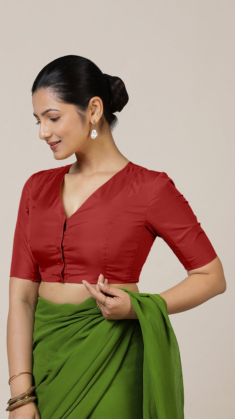 Begum x Rozaana | Elbow Sleeves Saree Blouse in Crimson Red-Binks