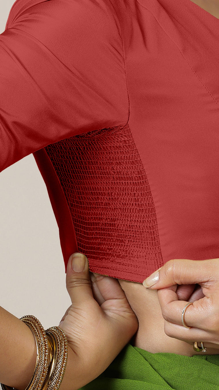 Begum x Rozaana Saree Blouse, in Red Vegan Silk, featuring elbow sleeves and v-neckline, made for daily & work (view 2).