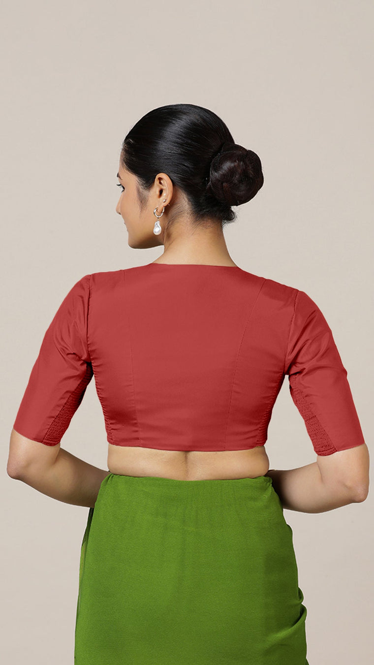 Begum x Rozaana Saree Blouse, in Red Vegan Silk, featuring elbow sleeves and v-neckline, made for daily & work (view 3).