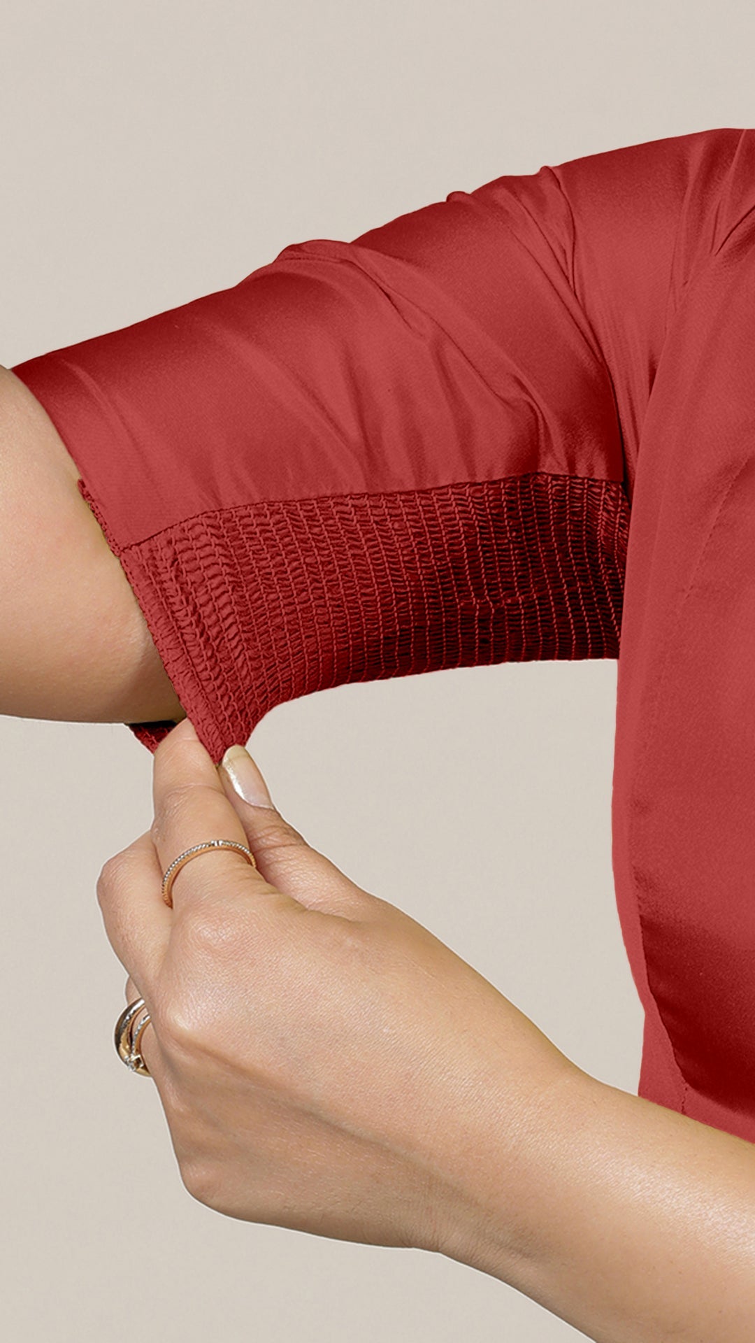 Begum x Rozaana Saree Blouse, in Red Vegan Silk, featuring elbow sleeves and v-neckline, made for daily & work (view 4).