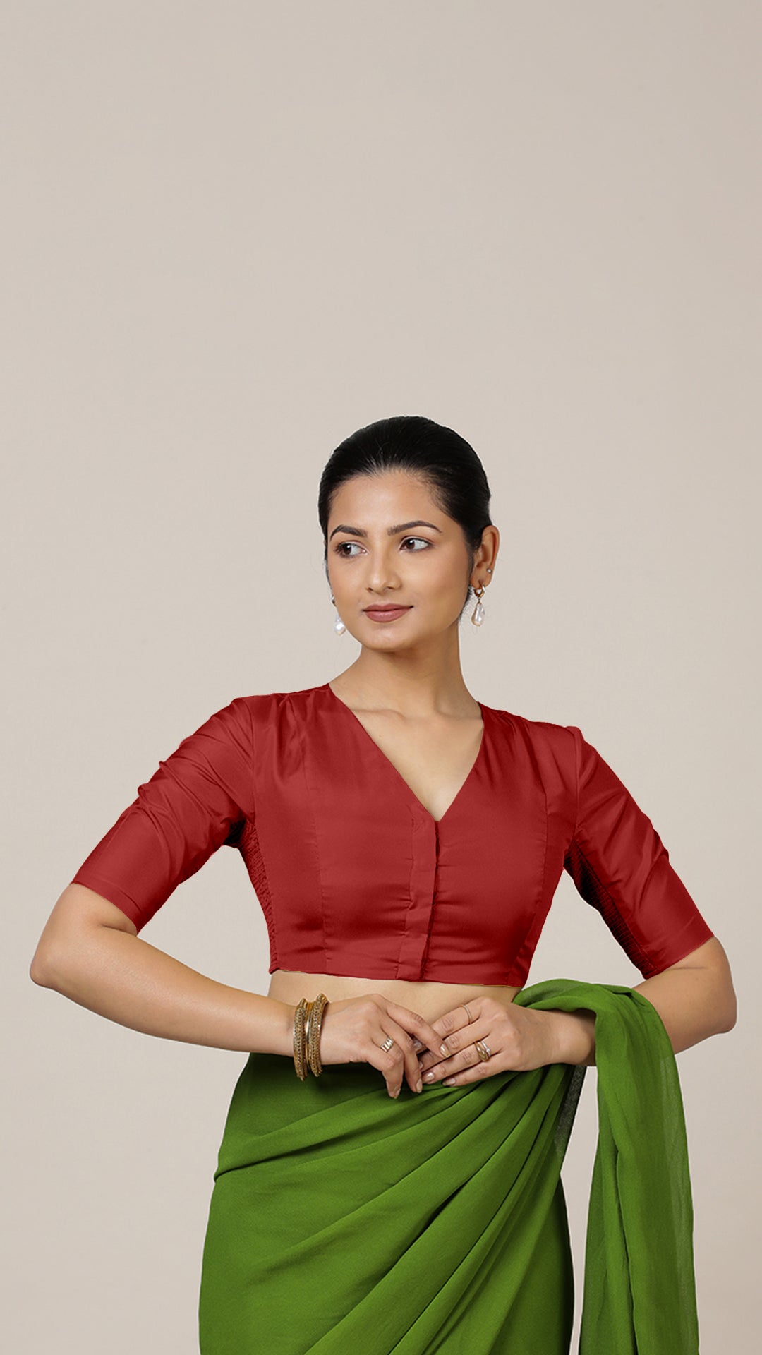 Begum x Rozaana Saree Blouse, in Red Vegan Silk, featuring elbow sleeves and v-neckline, made for daily & work (view 5).