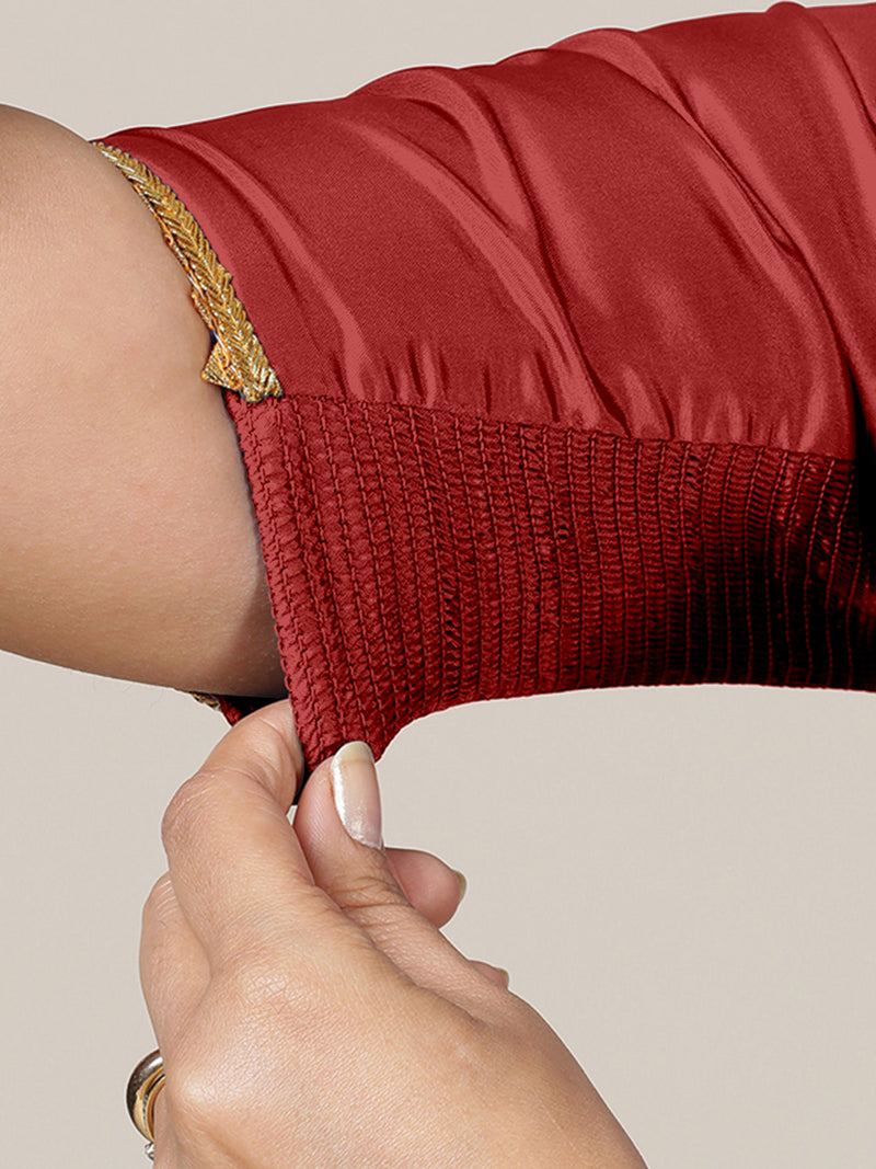 Begum x Tyohaar | Elbow Sleeves Saree Blouse in Crimson Red-Binks