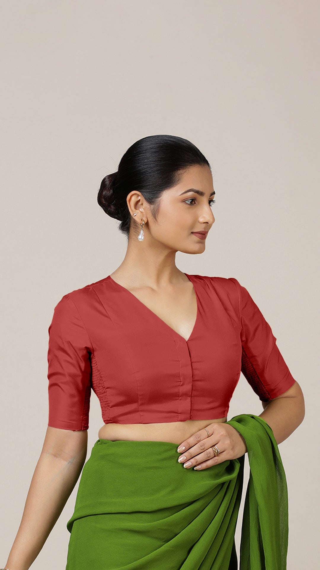 Begum x Rozaana Saree Blouse, in Red Vegan Silk, featuring elbow sleeves and v-neckline, made for daily & work (view 8).