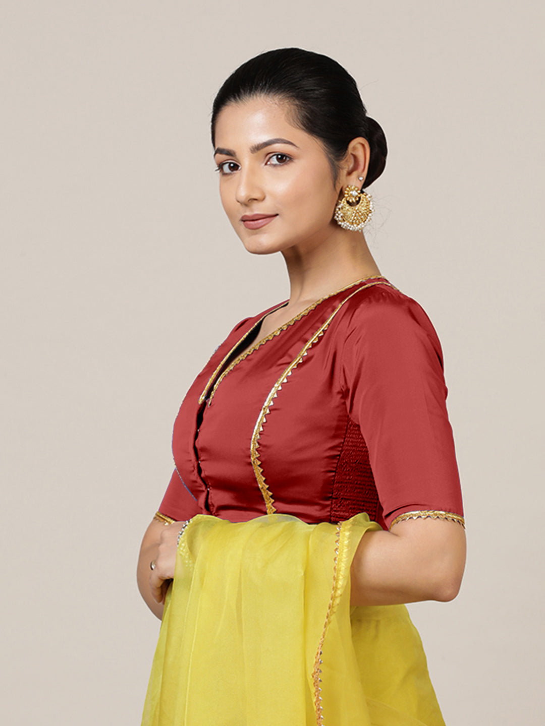 Begum x Tyohaar Saree Blouse, in Red Vegan Silk, featuring elbow sleeves and v-neckline, made for party & festive (view 8).