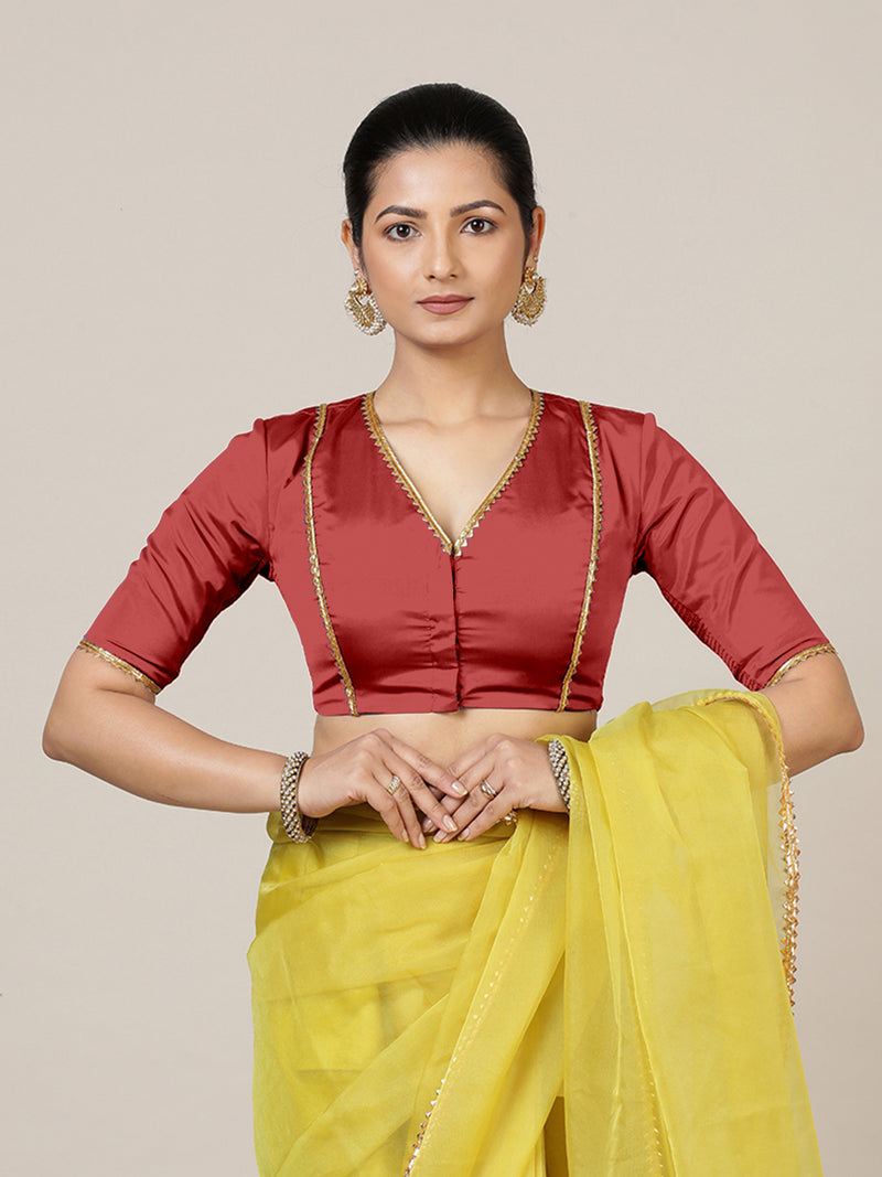 Begum x Tyohaar | Elbow Sleeves Saree Blouse in Crimson Red-Binks