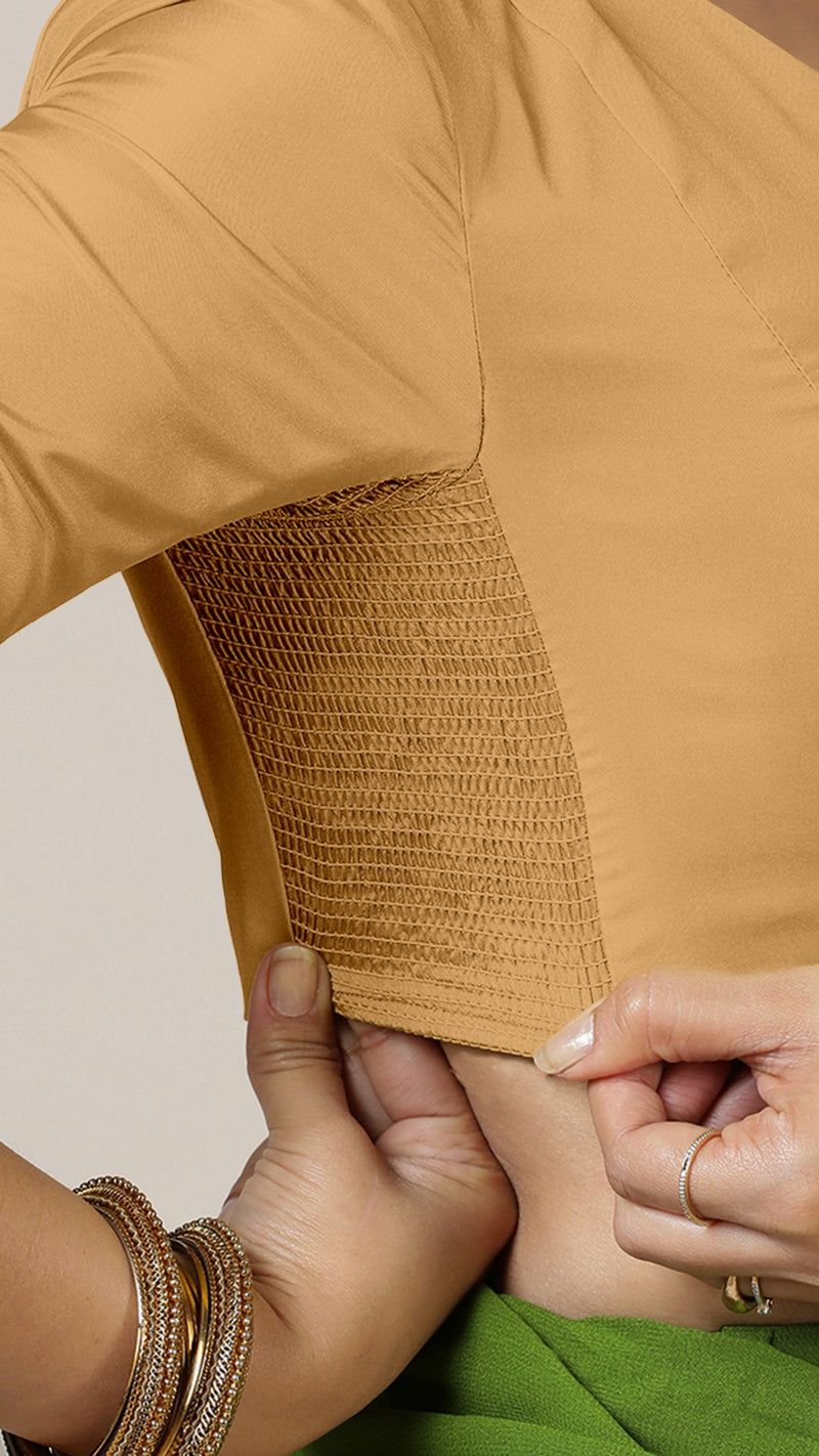 Begum x Rozaana | Elbow Sleeves Saree Blouse in Gold-Binks