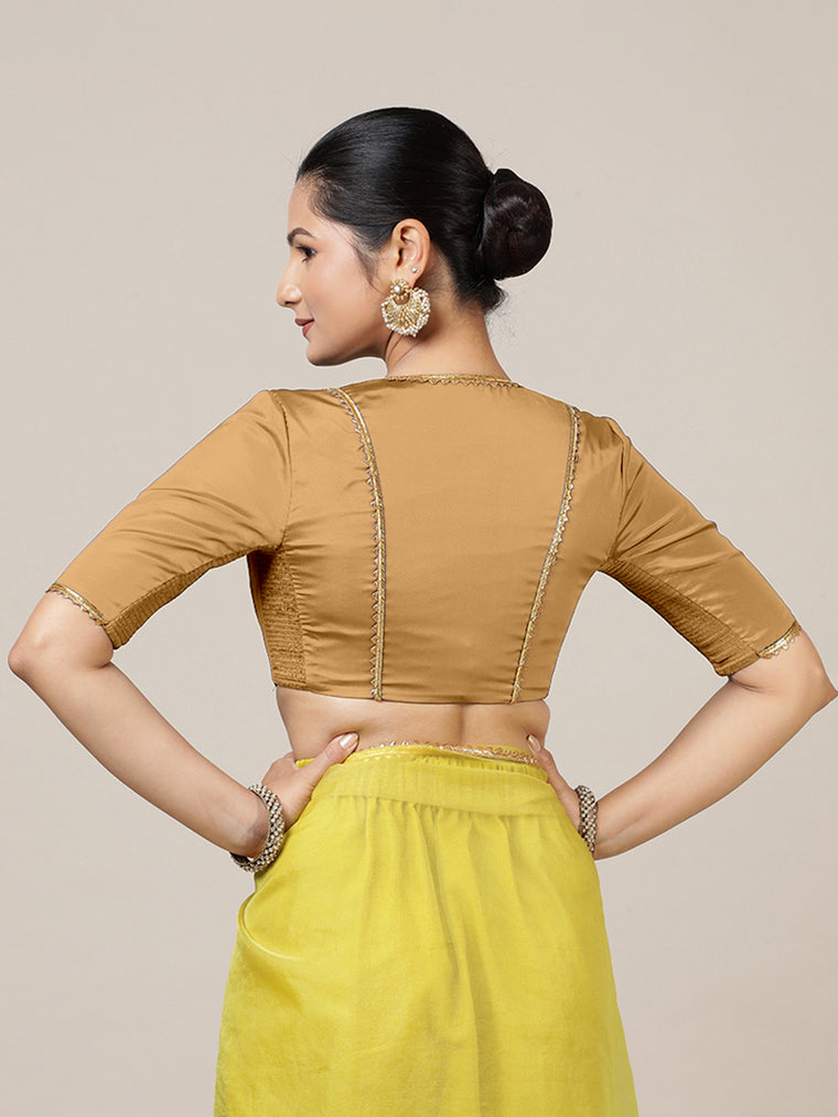 Begum x Tyohaar Saree Blouse, in Gold Vegan Silk, featuring elbow sleeves and v-neckline, made for party & festive (view 2).
