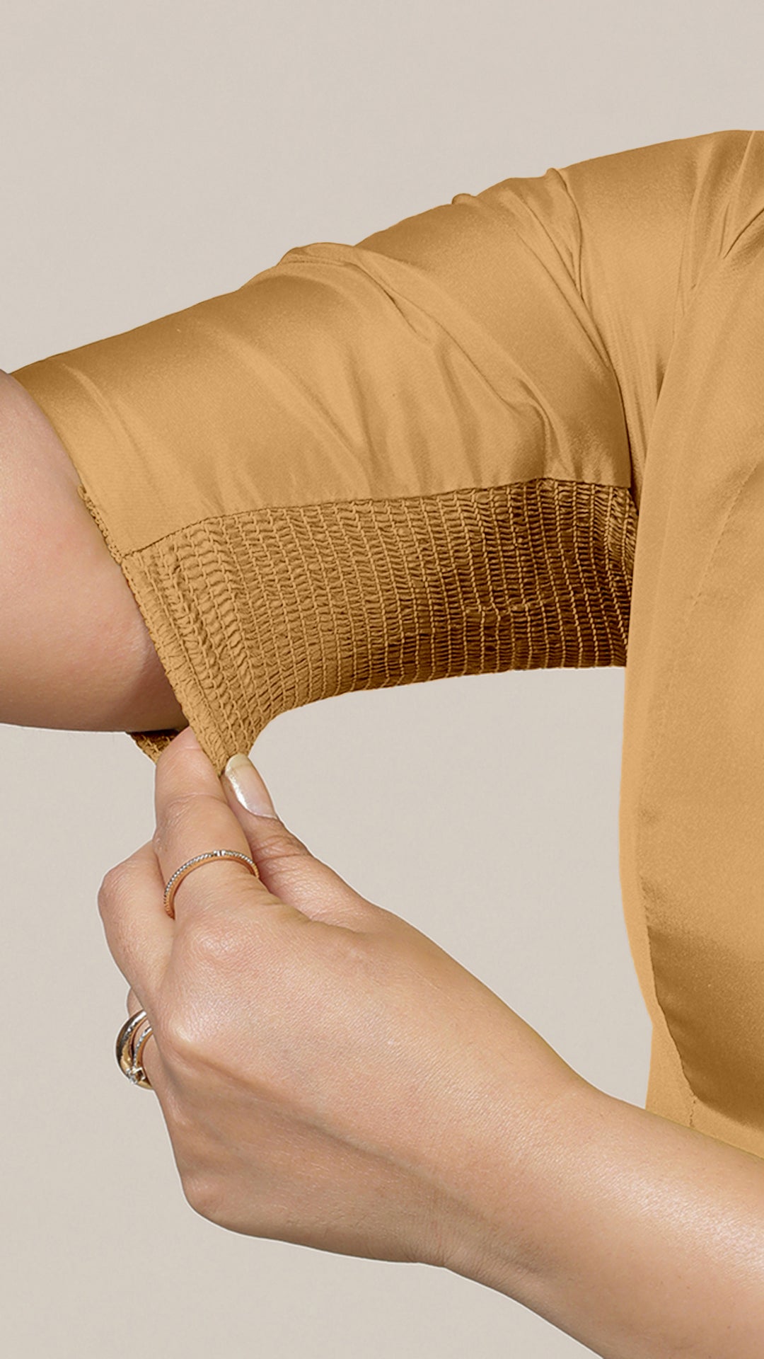 Begum x Rozaana Saree Blouse, in Gold Vegan Silk, featuring elbow sleeves and v-neckline, made for daily & work (view 4).