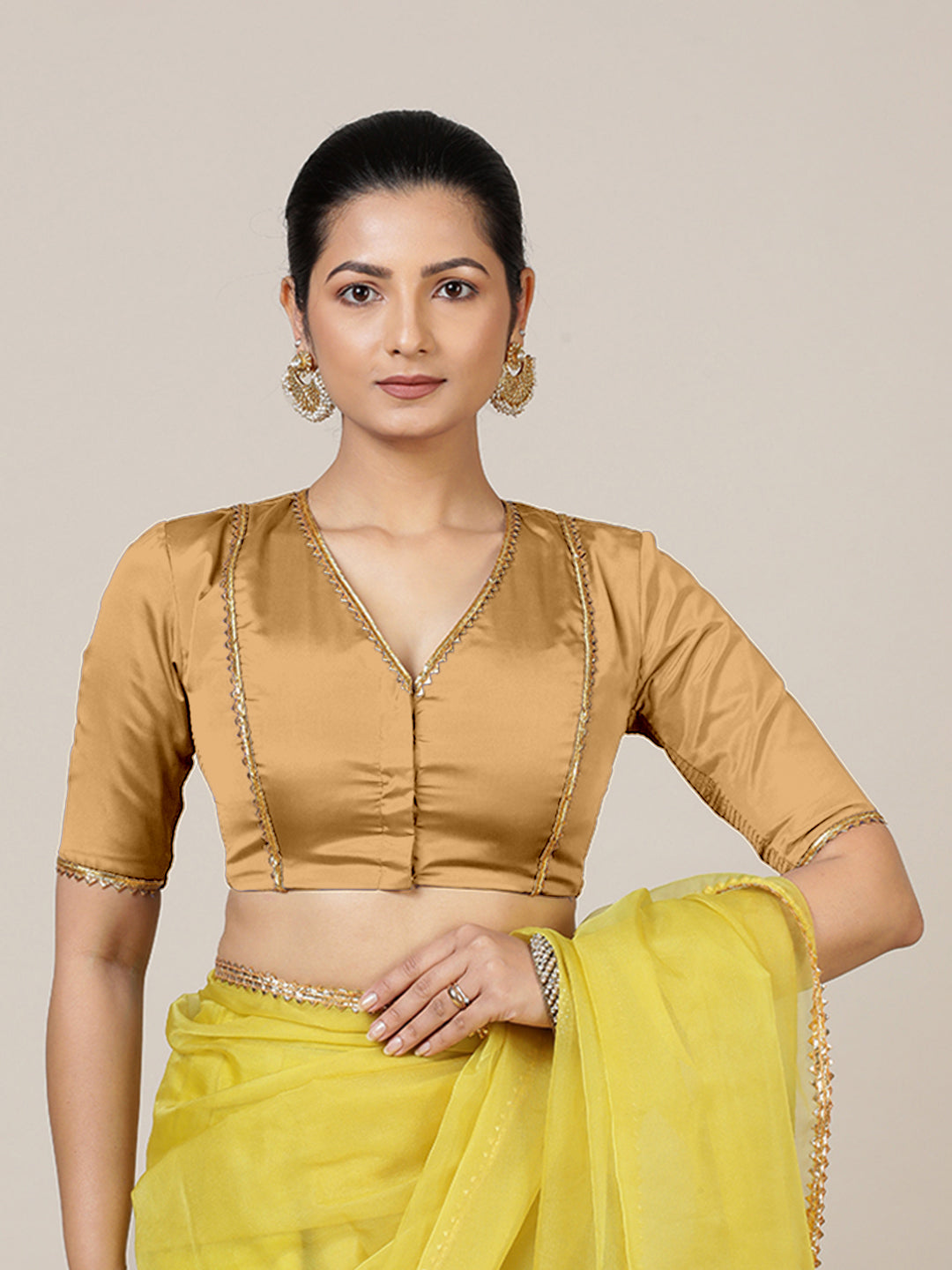 Begum x Tyohaar Saree Blouse, in Gold Vegan Silk, featuring elbow sleeves and v-neckline, made for party & festive (view 6).