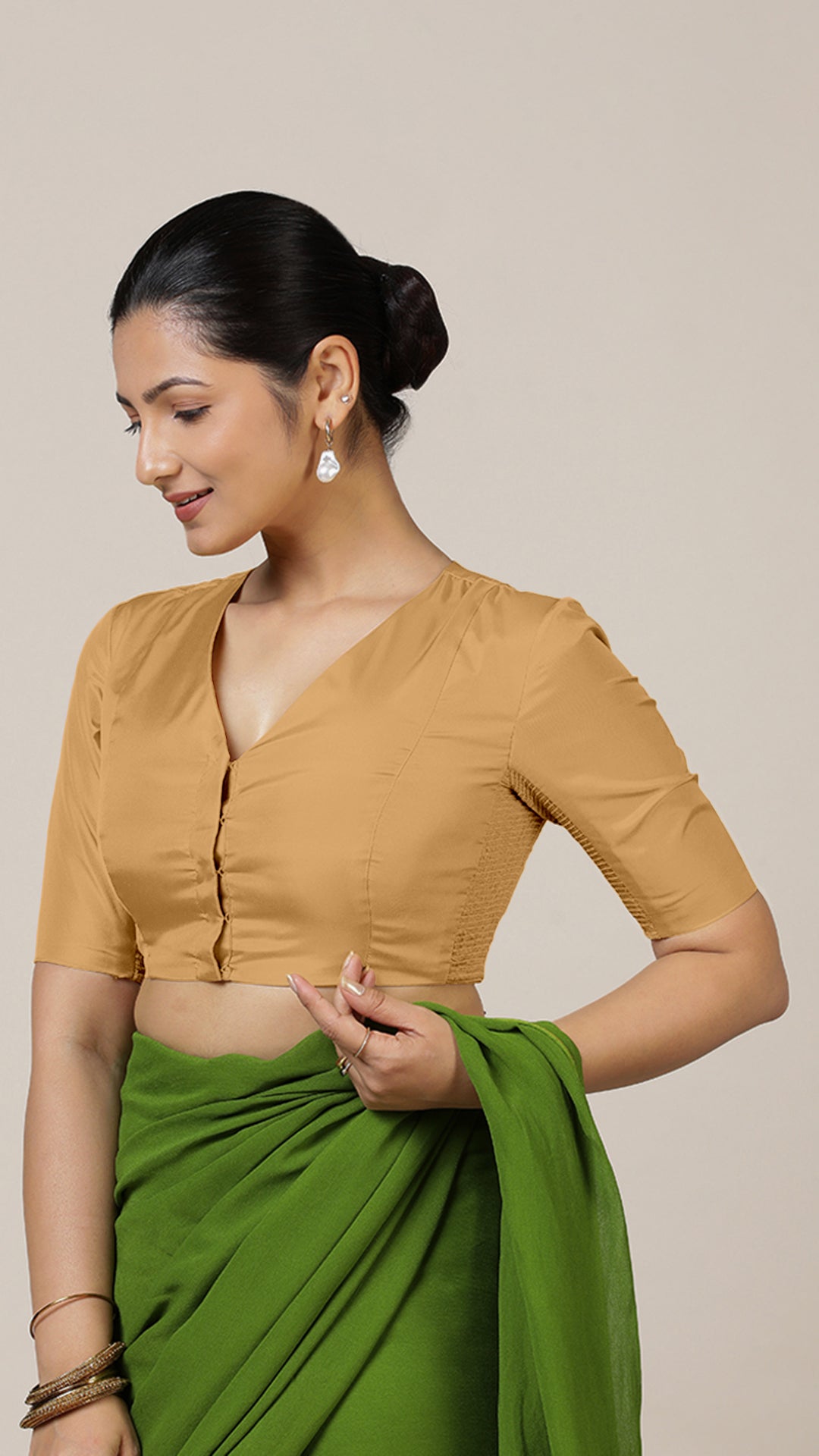 Begum x Rozaana Saree Blouse, in Gold Vegan Silk, featuring elbow sleeves and v-neckline, made for daily & work (view 7).