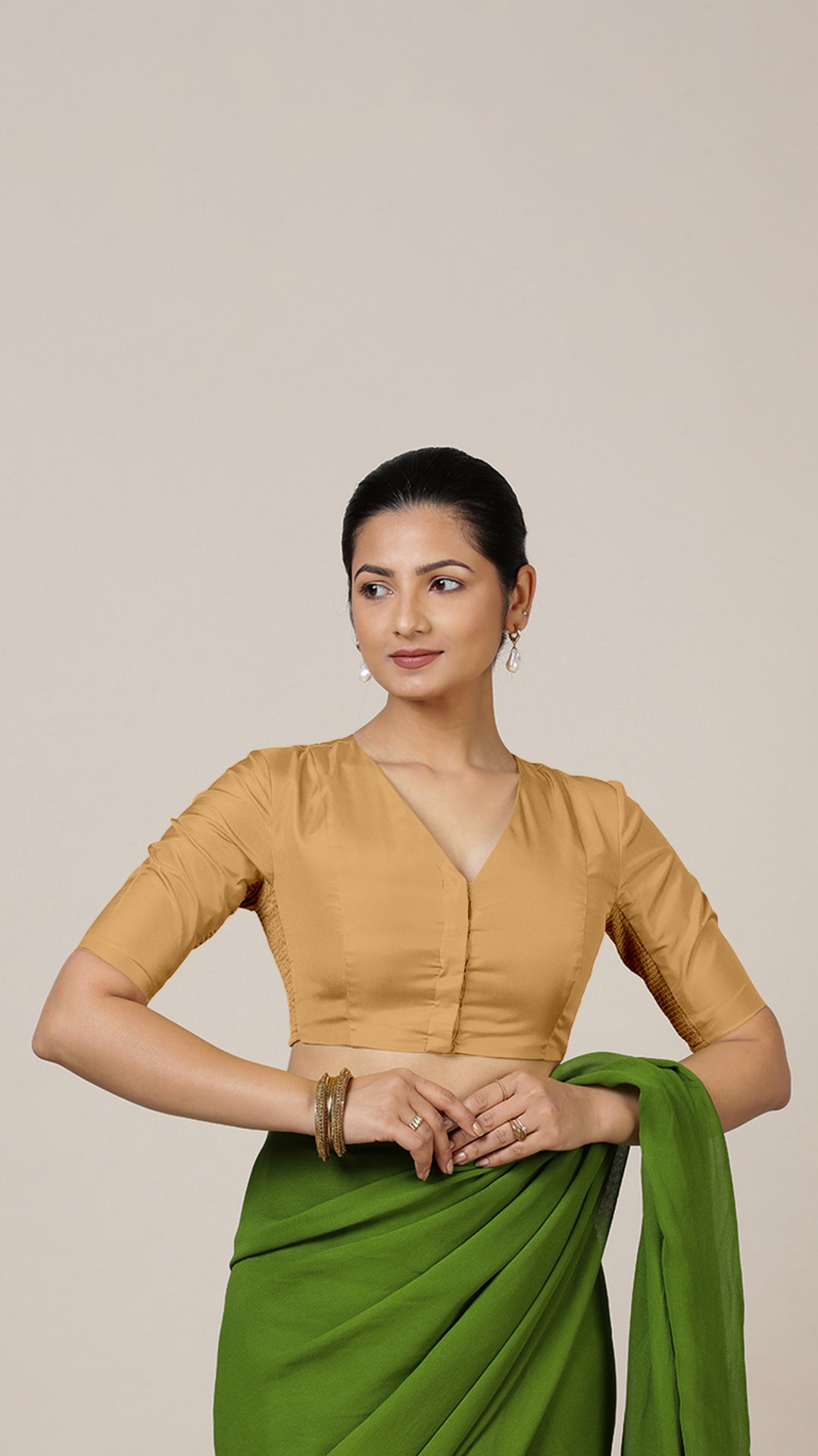 Begum x Rozaana Saree Blouse, in Gold Vegan Silk, featuring elbow sleeves and v-neckline, made for daily & work (view 8).