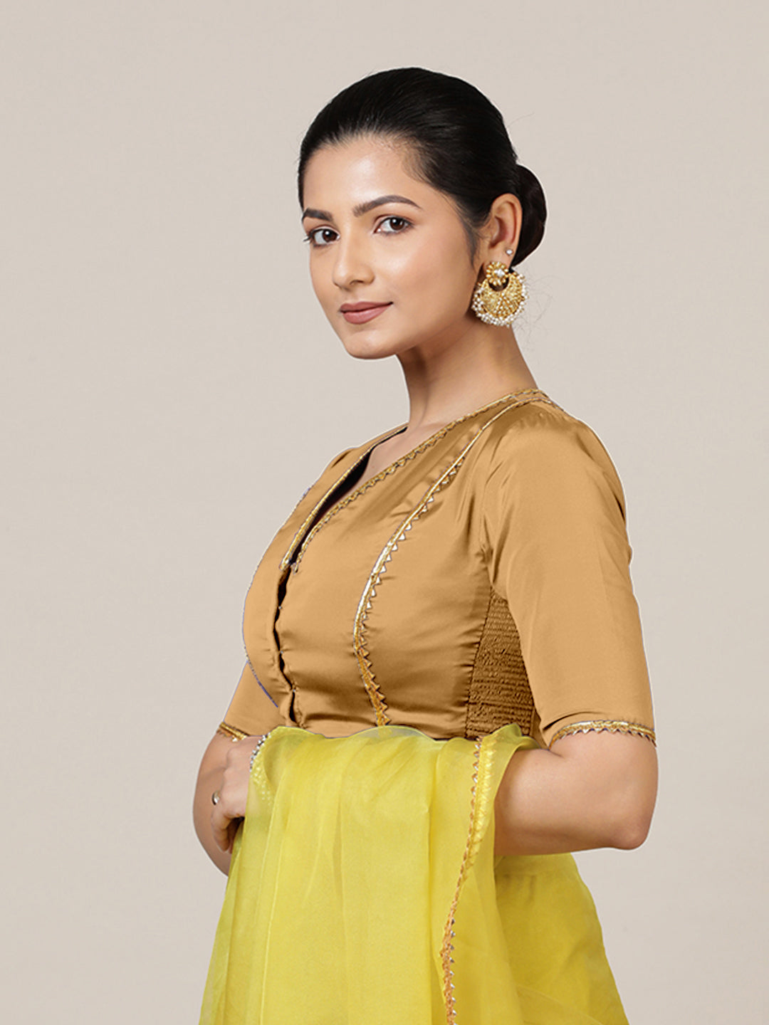 Begum x Tyohaar Saree Blouse, in Gold Vegan Silk, featuring elbow sleeves and v-neckline, made for party & festive (view 8).