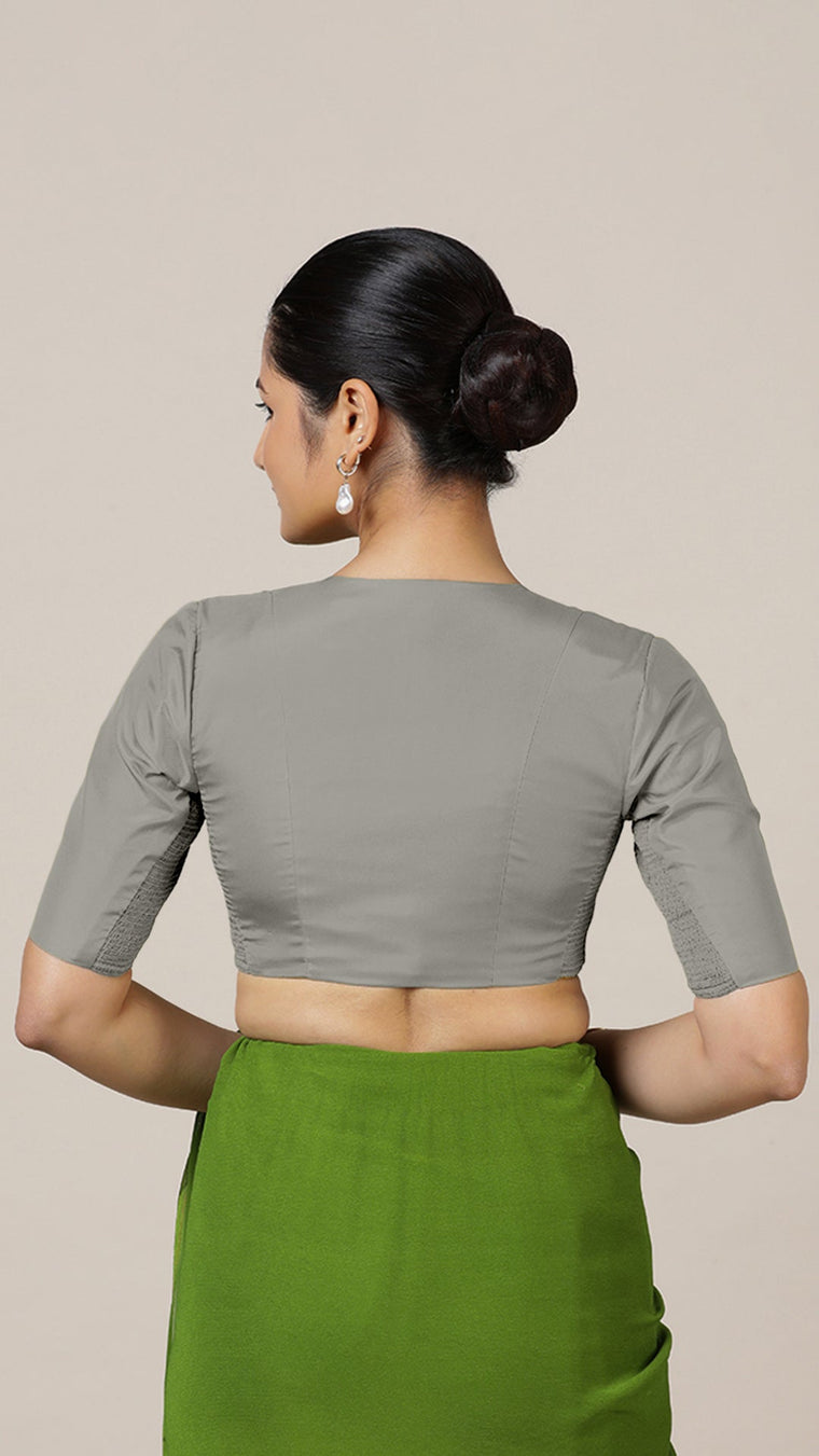 Begum x Rozaana Saree Blouse, in Grey Vegan Silk, featuring elbow sleeves and v-neckline, made for daily & work (view 3).
