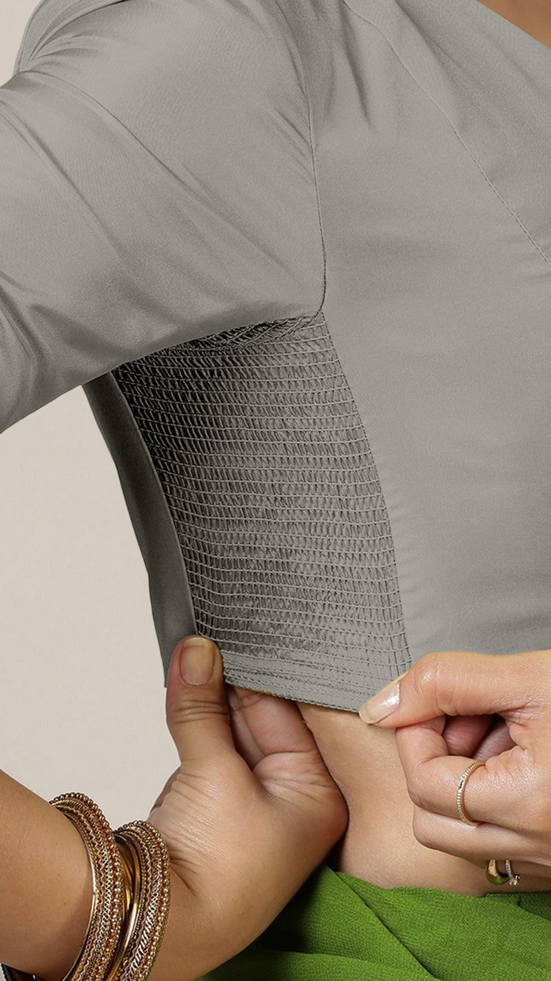 Begum x Rozaana | Elbow Sleeves Saree Blouse in Grey-Binks