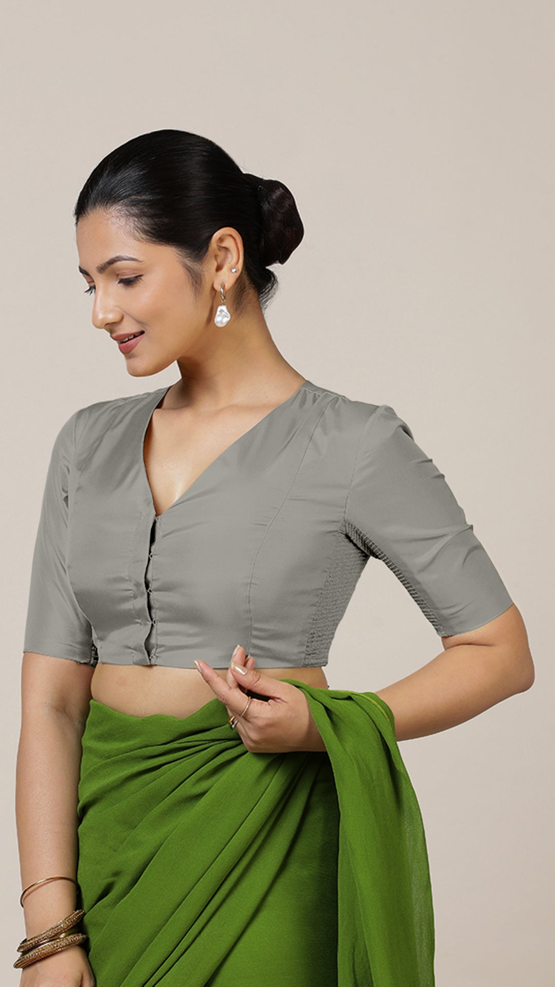 Begum x Rozaana Saree Blouse, in Grey Vegan Silk, featuring elbow sleeves and v-neckline, made for daily & work (view 6).