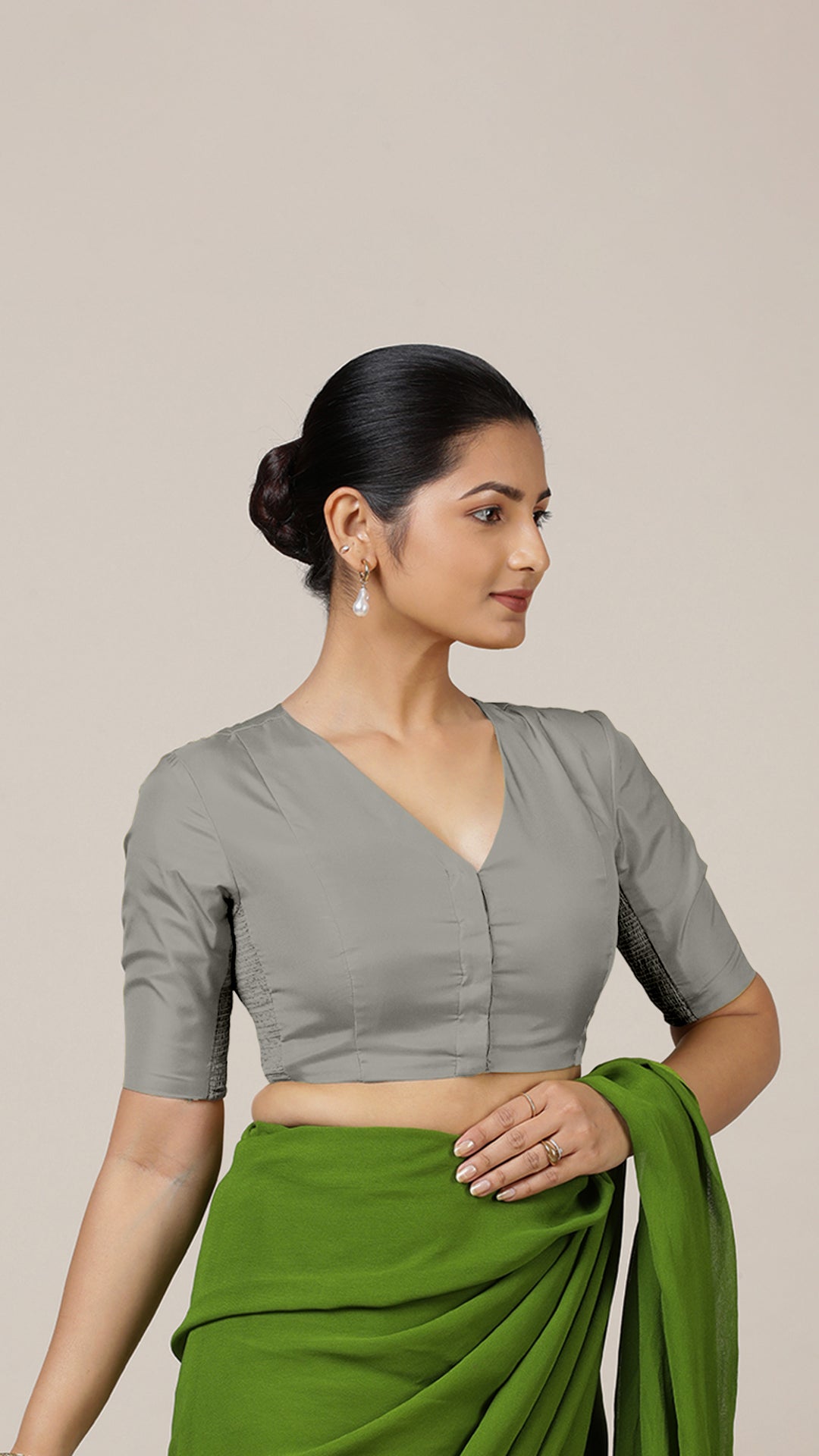 Begum x Rozaana Saree Blouse, in Grey Vegan Silk, featuring elbow sleeves and v-neckline, made for daily & work (view 8).