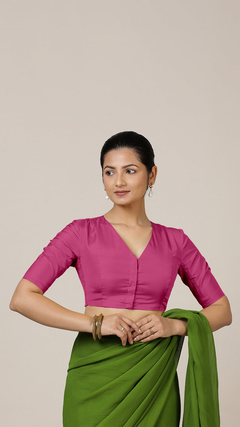 Begum x Rozaana | Elbow Sleeves Hot Pink FlexiFit™ Saree Blouse with V-Neck-Binks