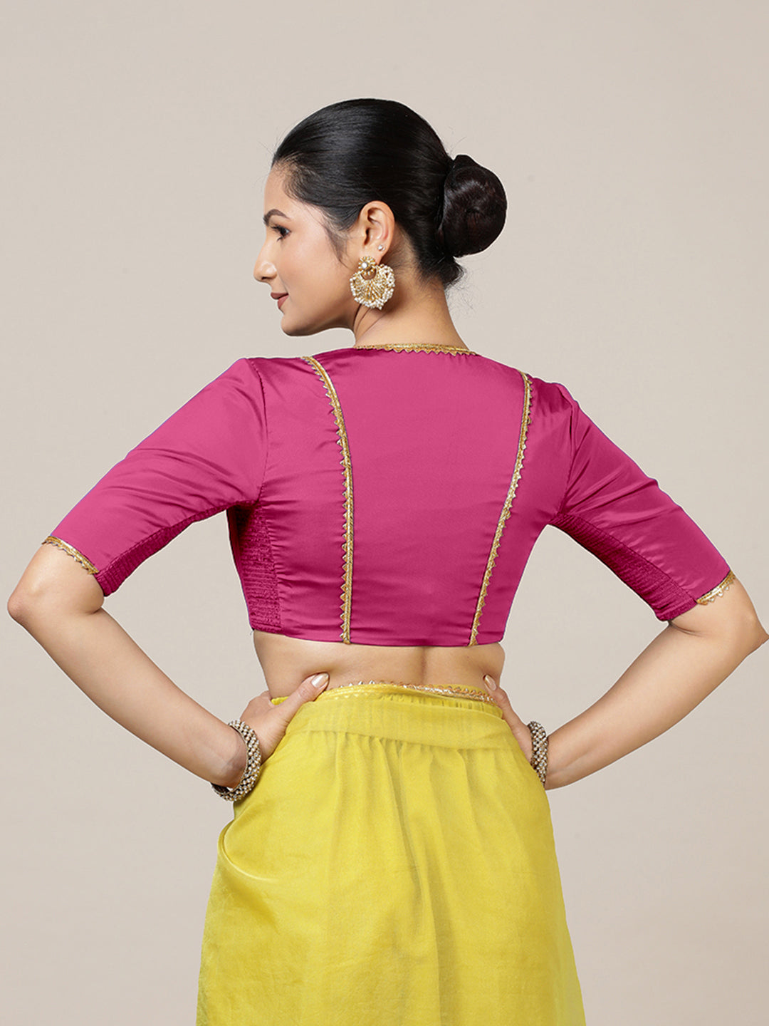 Begum x Tyohaar Saree Blouse, in Pink Vegan Silk, featuring elbow sleeves and v-neckline, made for party & festive (view 2).