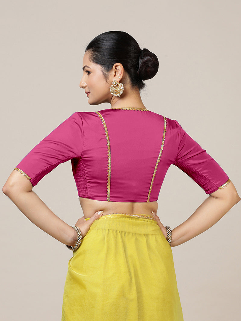 Begum x Tyohaar | Elbow Sleeves Hot Pink FlexiFit™ Gota Embellished Saree Blouse with V-Neck-Binks