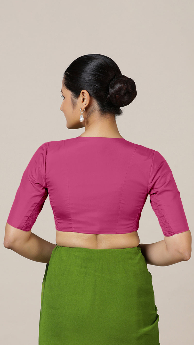Begum x Rozaana | Elbow Sleeves Hot Pink FlexiFit™ Saree Blouse with V-Neck-Binks