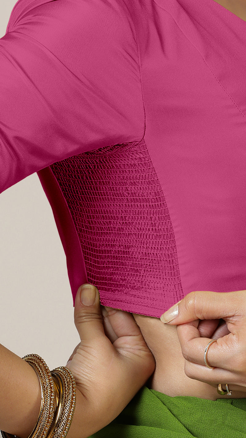 Begum x Rozaana | Elbow Sleeves Hot Pink FlexiFit™ Saree Blouse with V-Neck-Binks