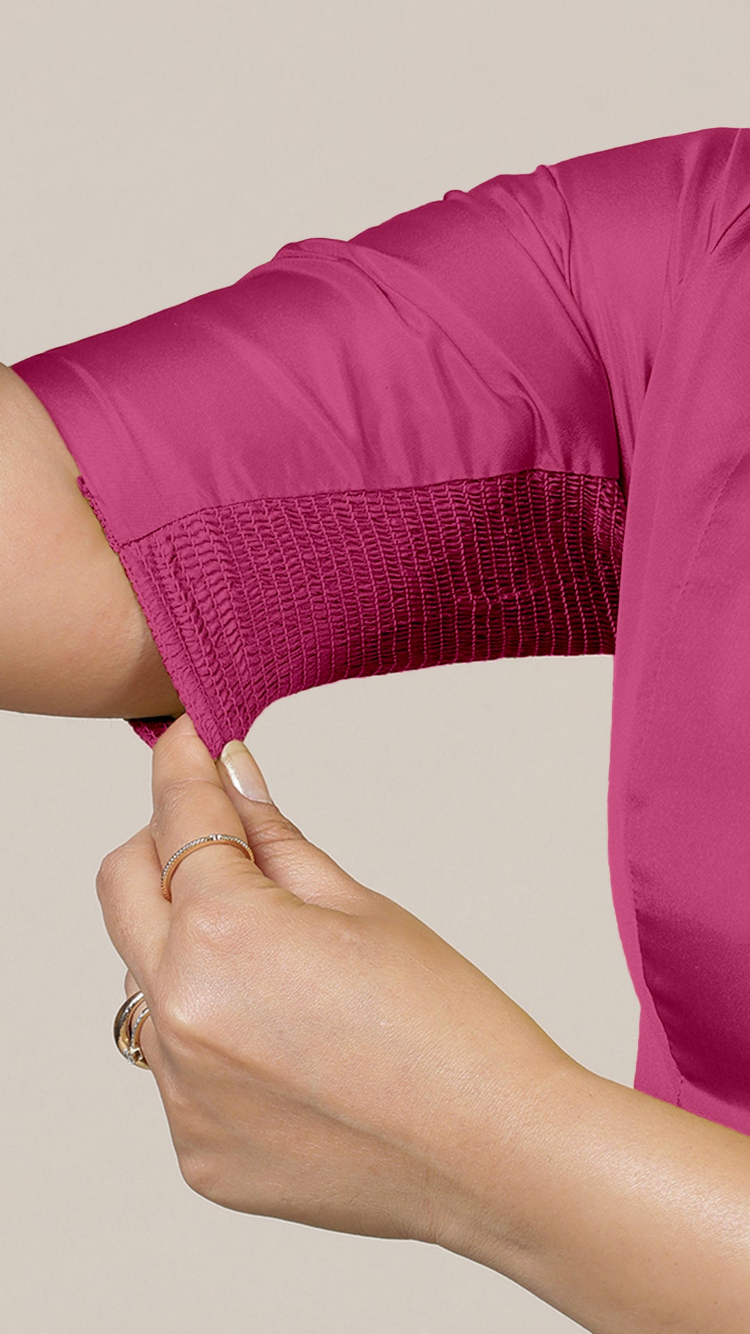 Begum x Rozaana Saree Blouse, in Pink Artificial Silk, featuring elbow sleeves and v-neckline, made for party & festive.