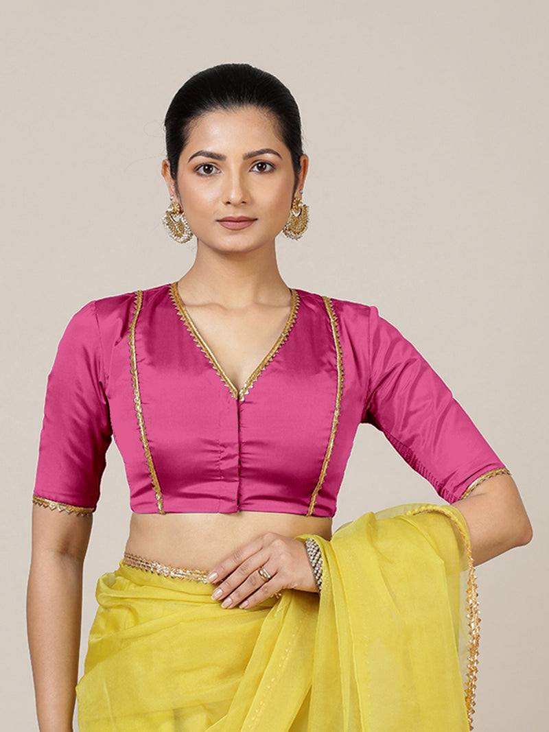 Begum x Tyohaar | Elbow Sleeves Hot Pink FlexiFit™ Gota Embellished Saree Blouse with V-Neck-Binks