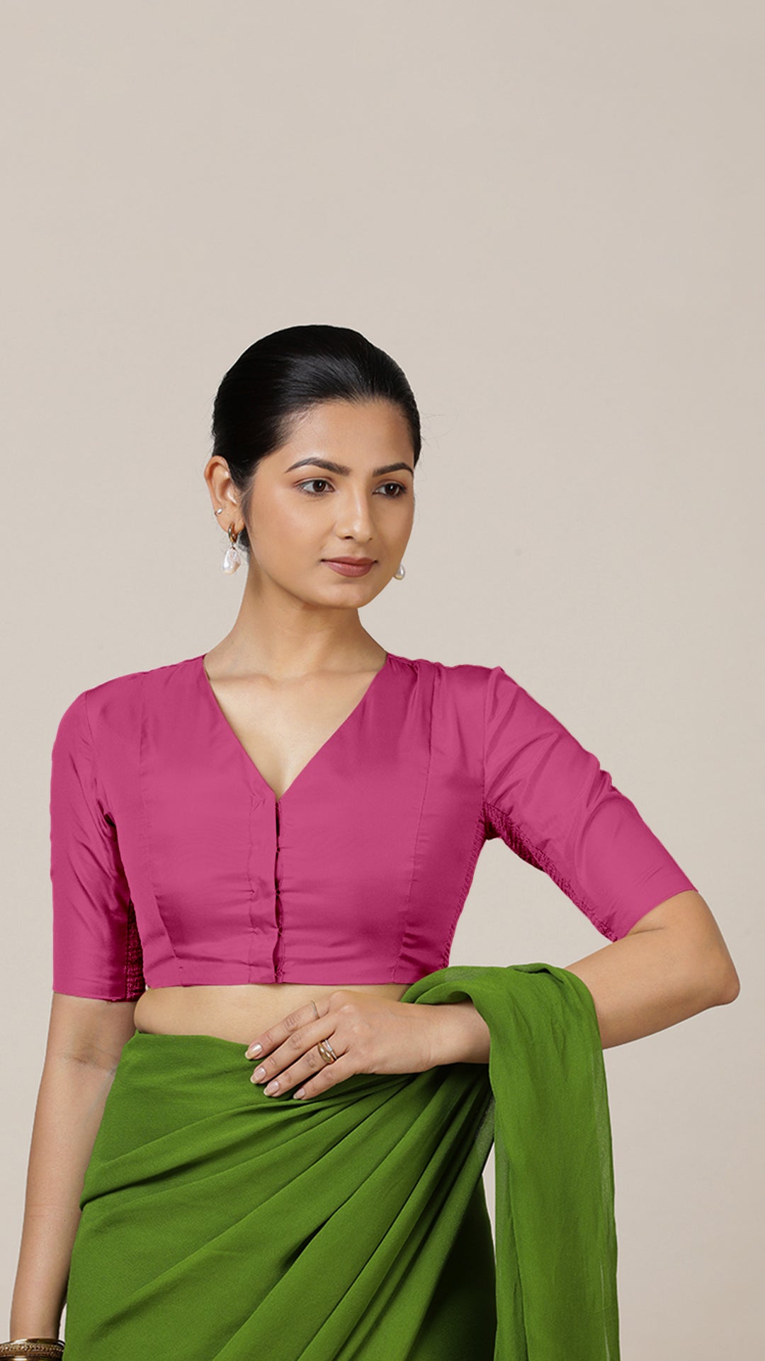 Begum x Rozaana Saree Blouse, in Pink Artificial Silk, featuring elbow sleeves and v-neckline, made for party & festive.
