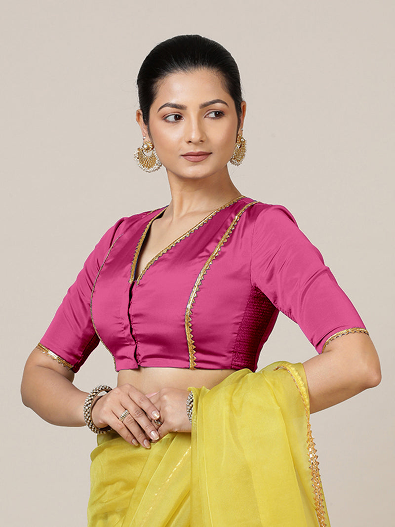 Begum x Tyohaar | Elbow Sleeves Hot Pink FlexiFit™ Gota Embellished Saree Blouse with V-Neck-Binks